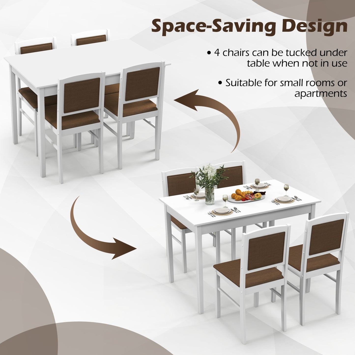 5 Piece Wooden Dining Set with Padded Chairs and Rectangular Table for Small Spaces - White