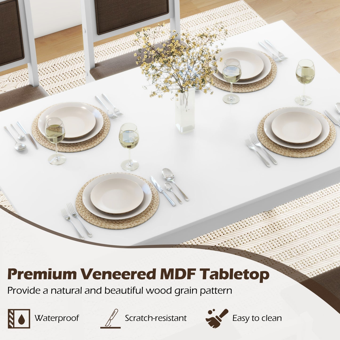 5 Piece Wooden Dining Set with Padded Chairs and Rectangular Table for Small Spaces - White