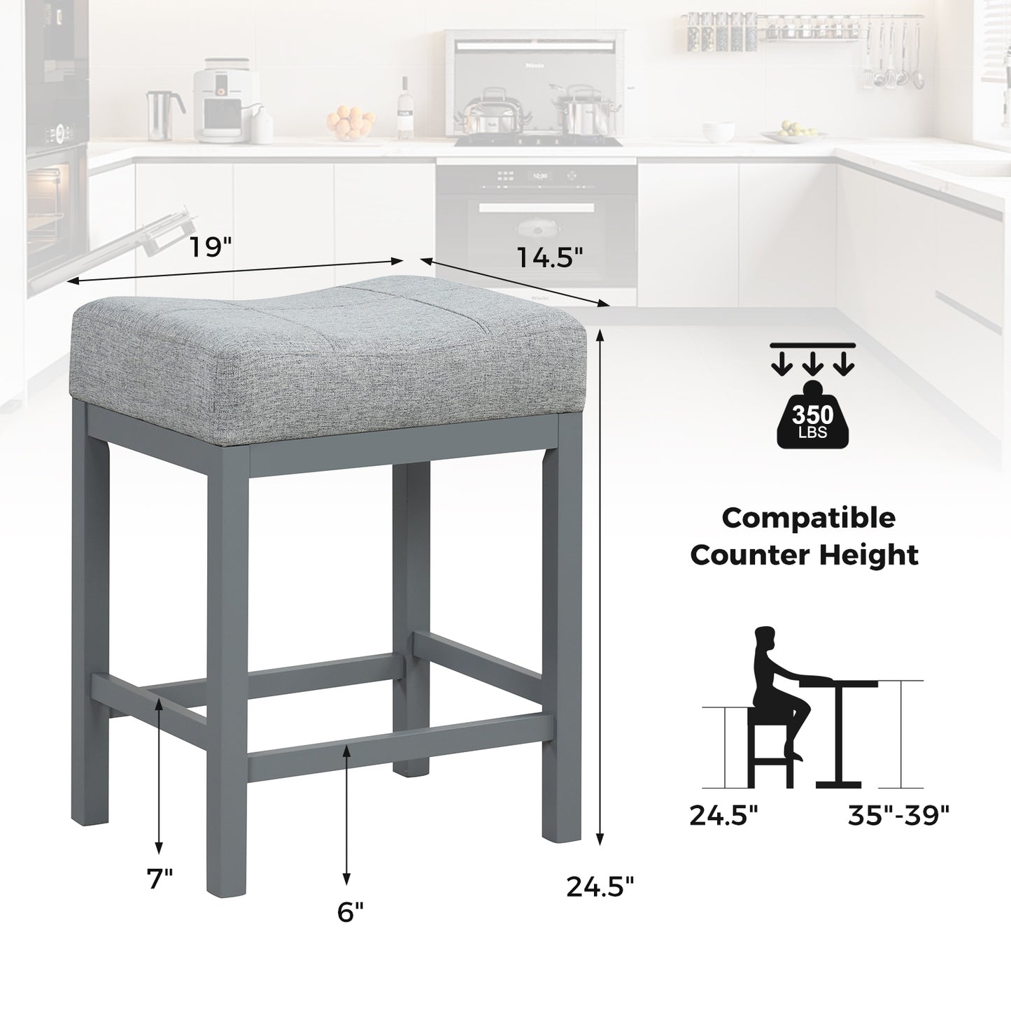 Set of 2 Saddle Bar Stools with Cushioned Seat and 24.5" Height, Grey