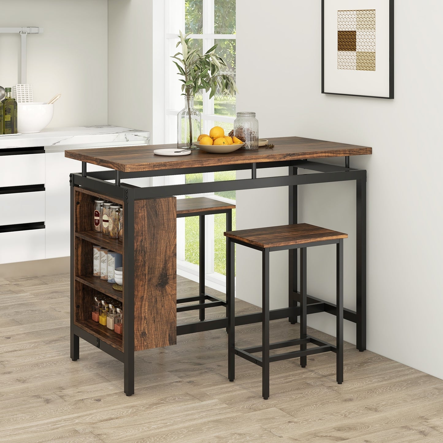 3 Piece Counter Height Dining Set with 3 Tier Storage Shelves and Durable Metal Frame