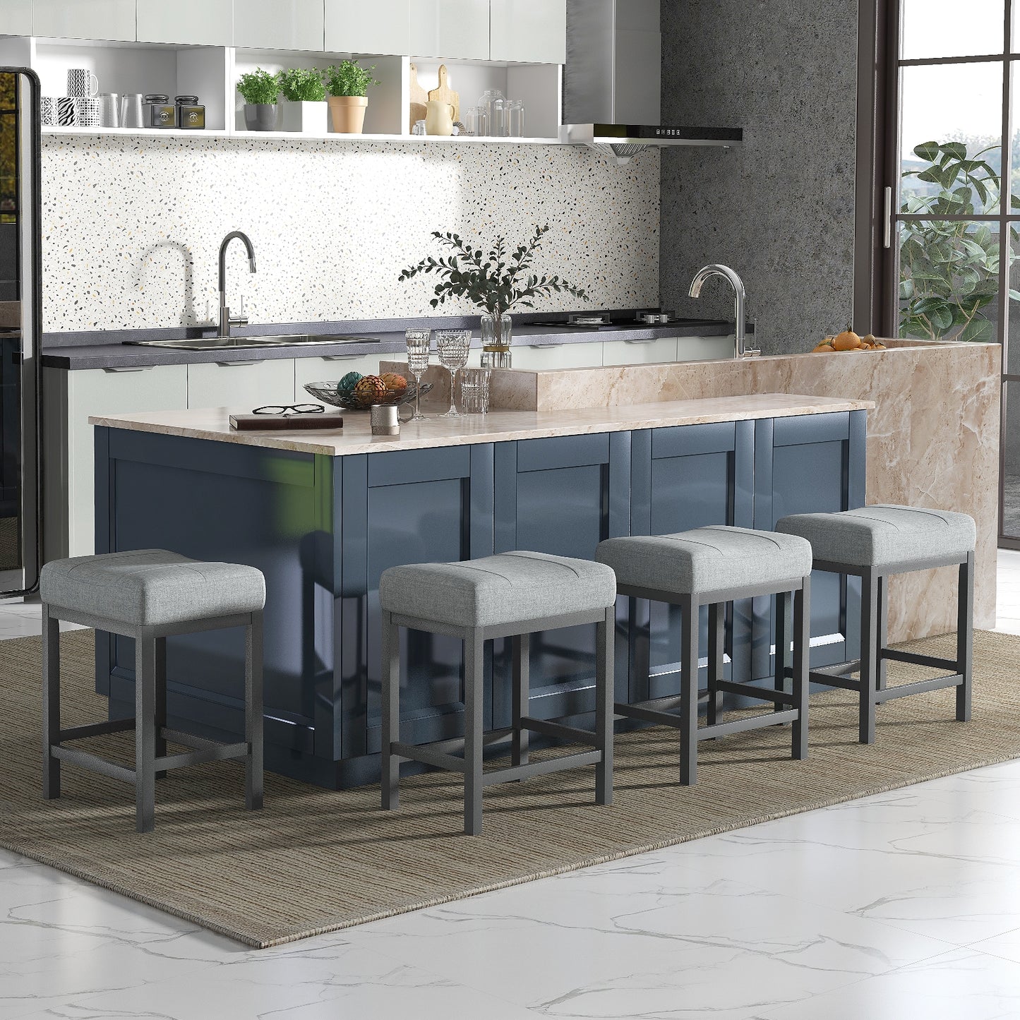 Set of 2 Saddle Bar Stools with Cushioned Seat and 24.5" Height, Grey