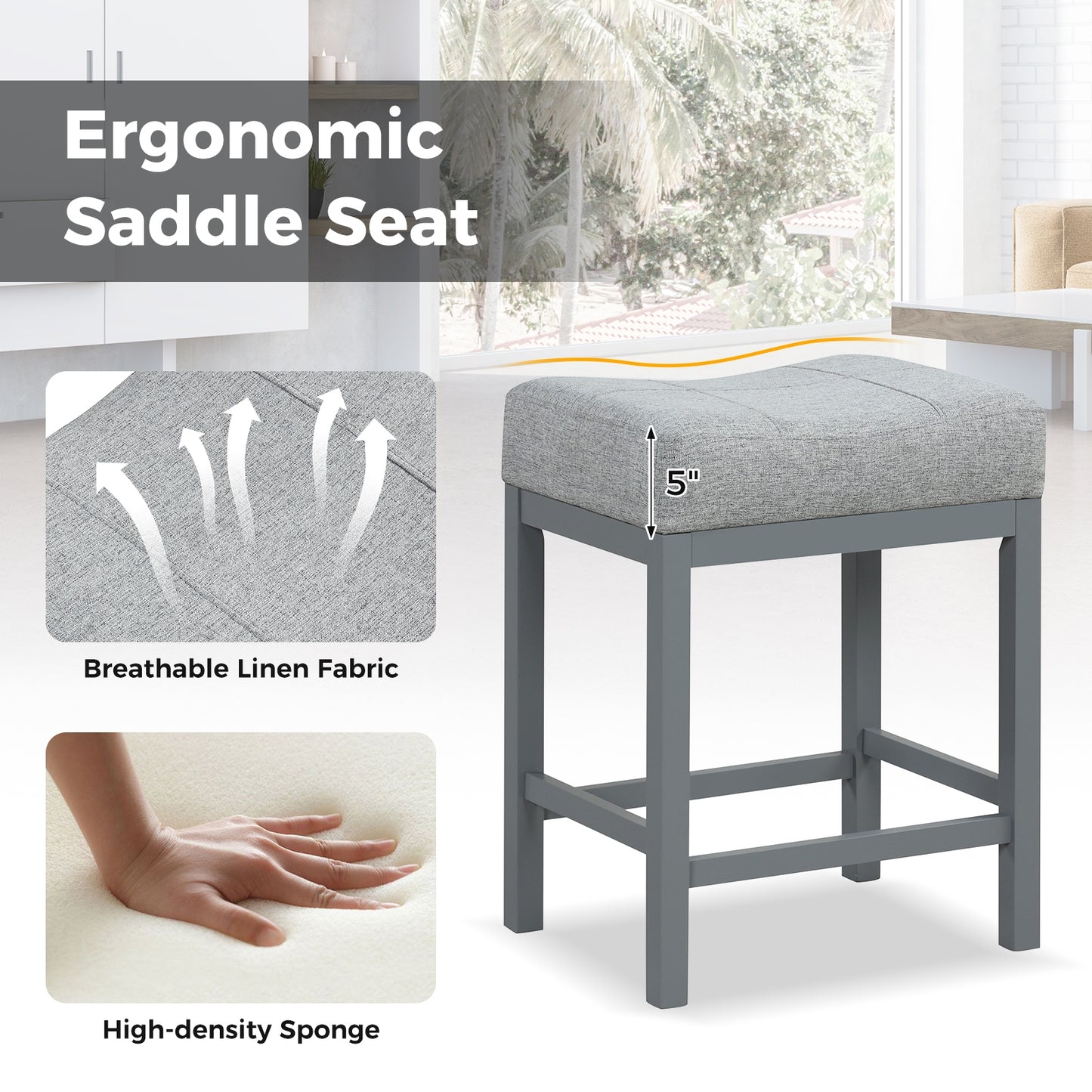 Set of 2 Saddle Bar Stools with Cushioned Seat and 24.5" Height, Grey