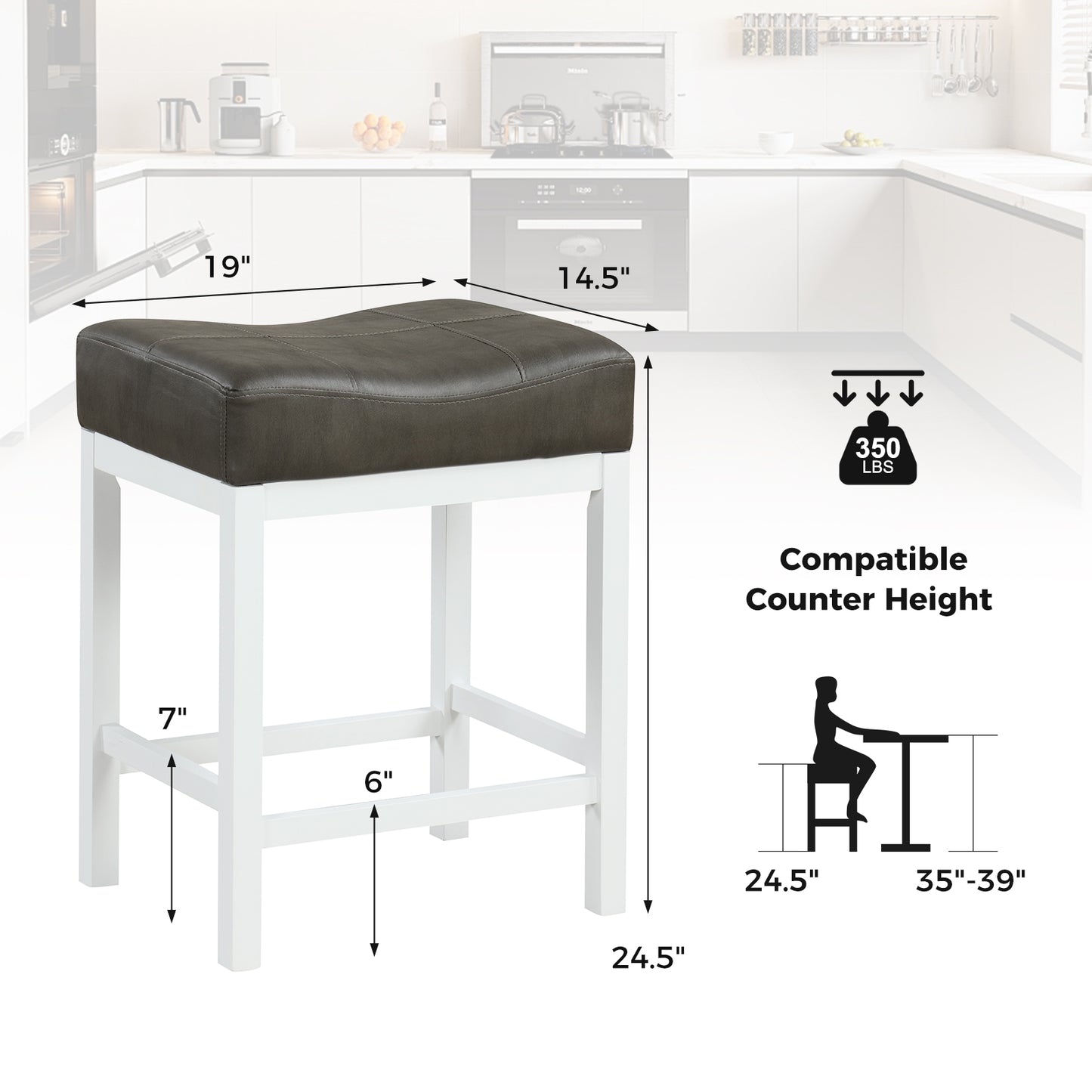 Set of 2 Saddle Bar Stools with Cushioned Seat and 24.5" Height, White