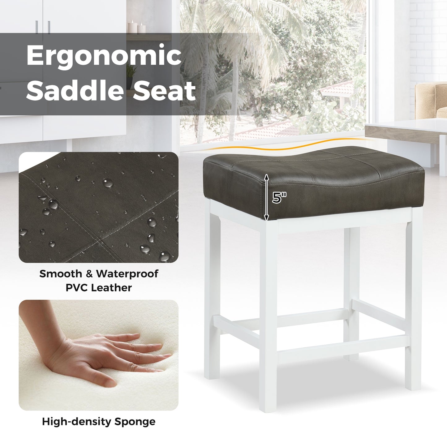 Set of 2 Saddle Bar Stools with Cushioned Seat and 24.5" Height, White