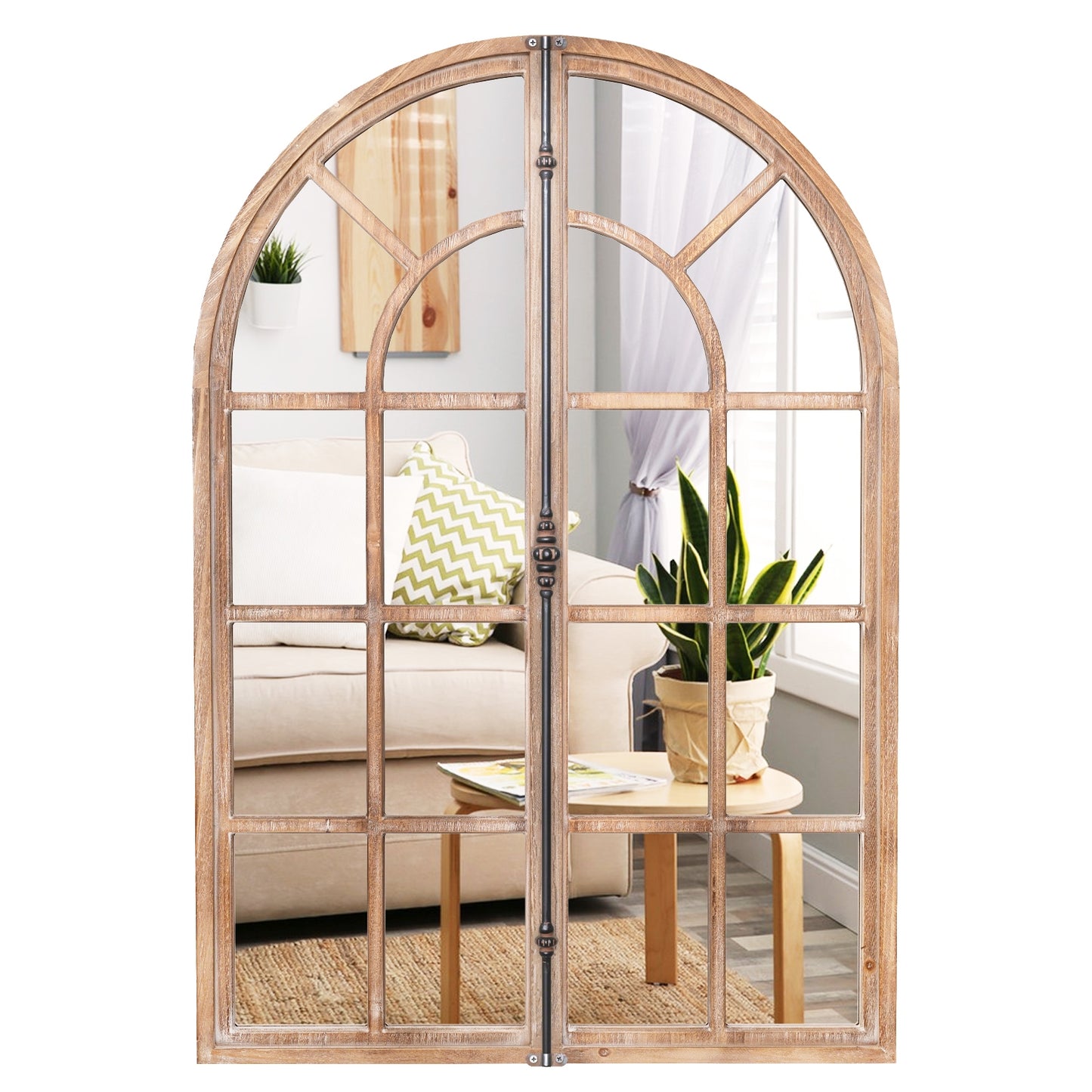 Rustic Arched Window Pane Farmhouse Wall Mirror with Wooden Frame