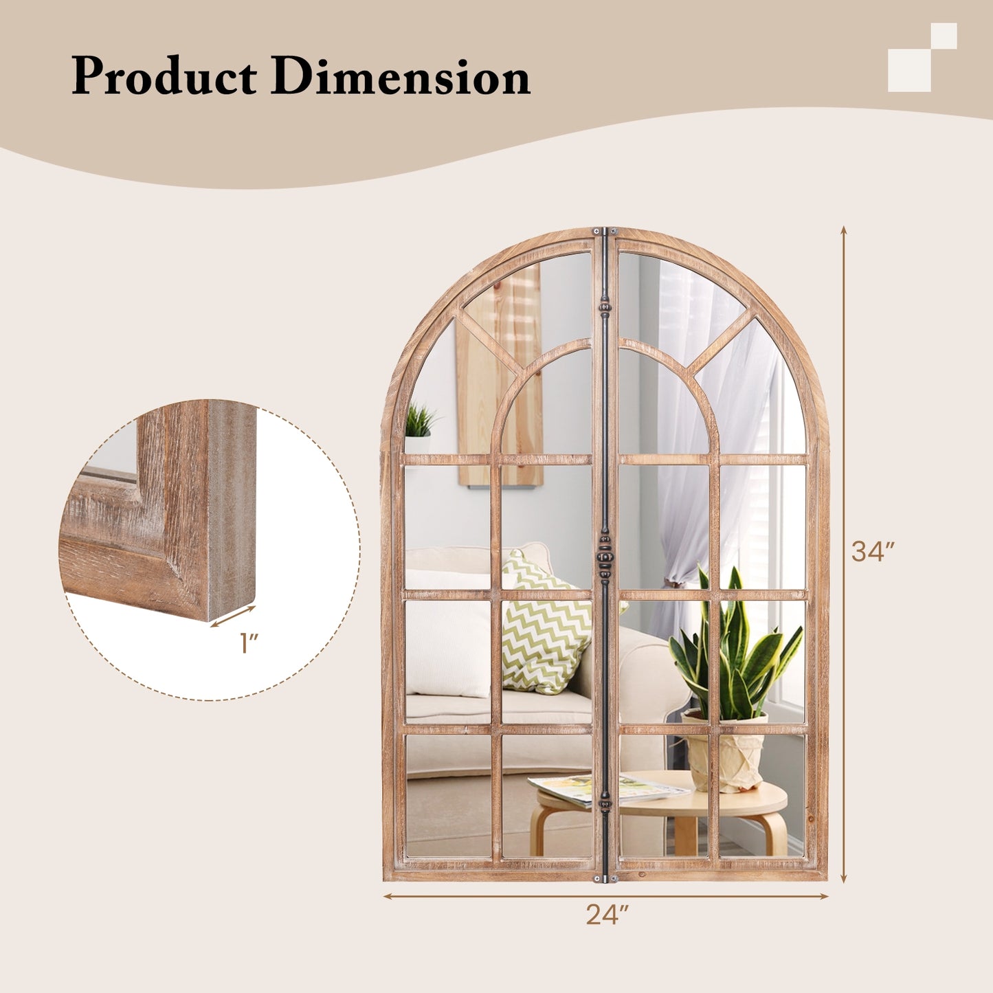 Rustic Arched Window Pane Farmhouse Wall Mirror with Wooden Frame