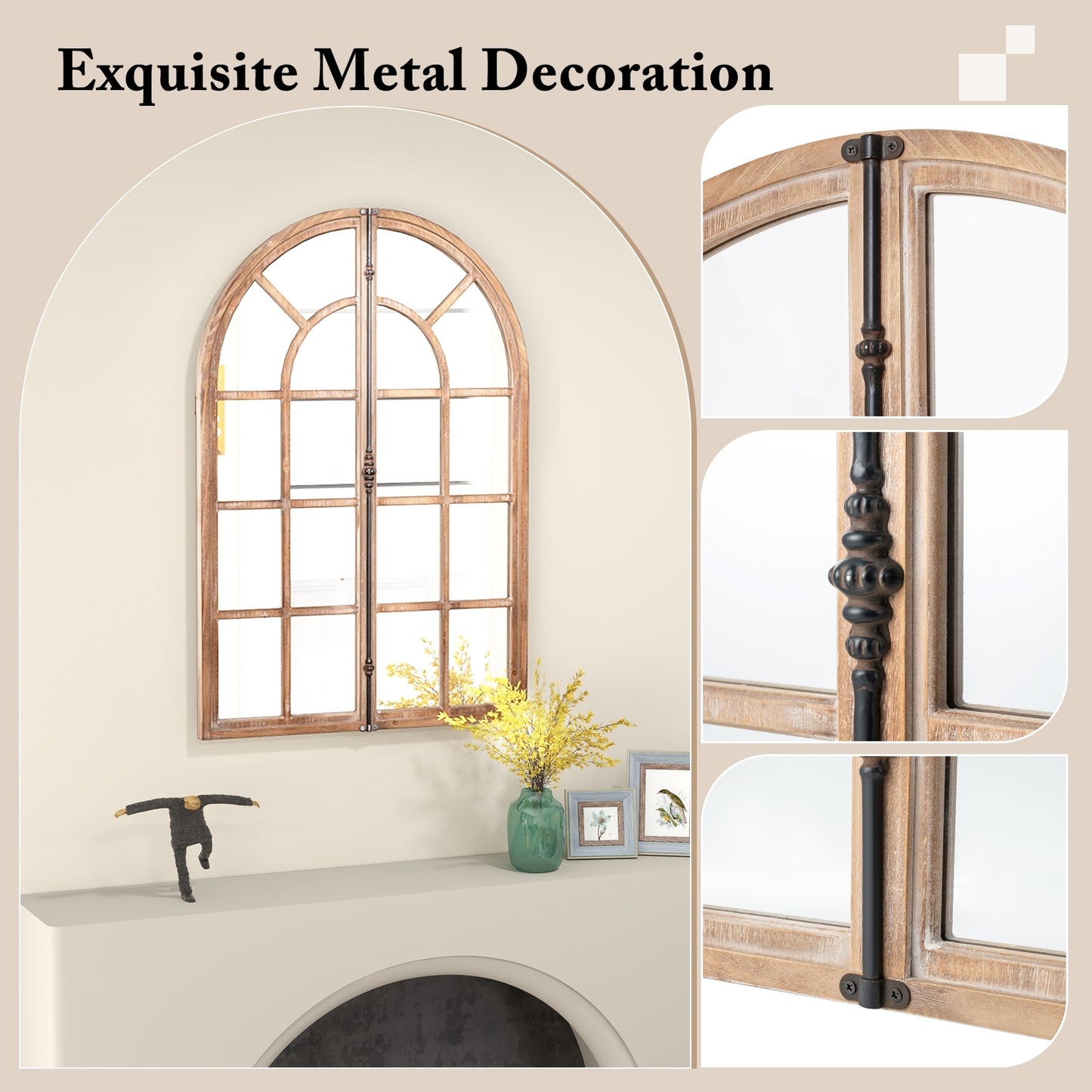 Rustic Arched Window Pane Farmhouse Wall Mirror with Wooden Frame