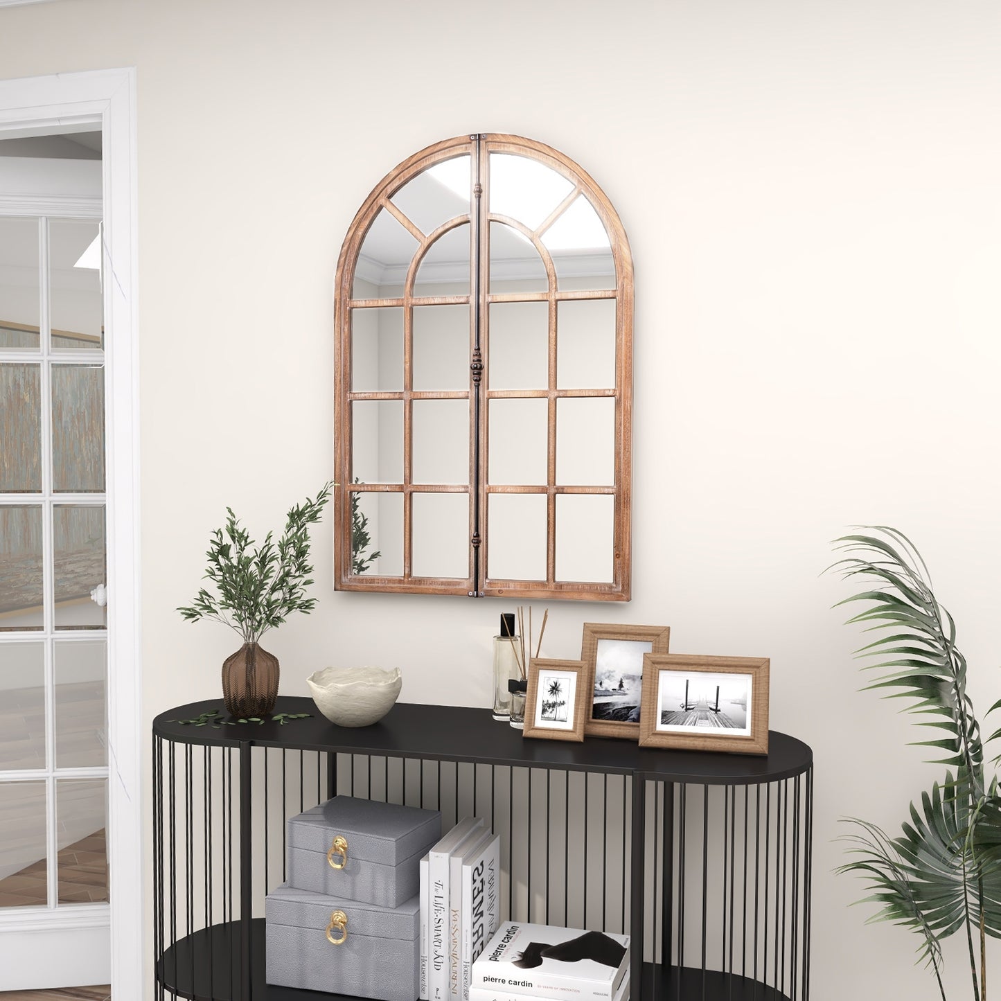 Rustic Arched Window Pane Farmhouse Wall Mirror with Wooden Frame