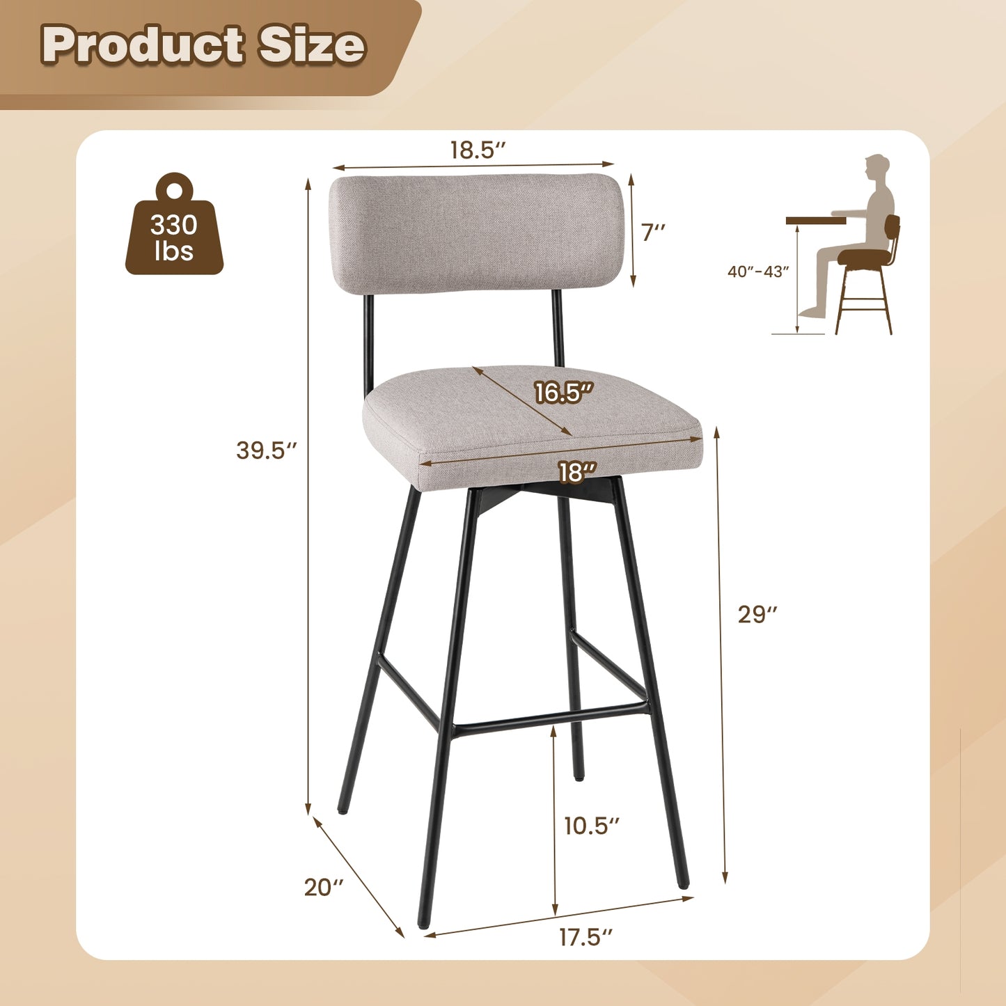 Set of 2 29 Inch Upholstered Swivel Bar Stools with Comfortable Backrest - Beige