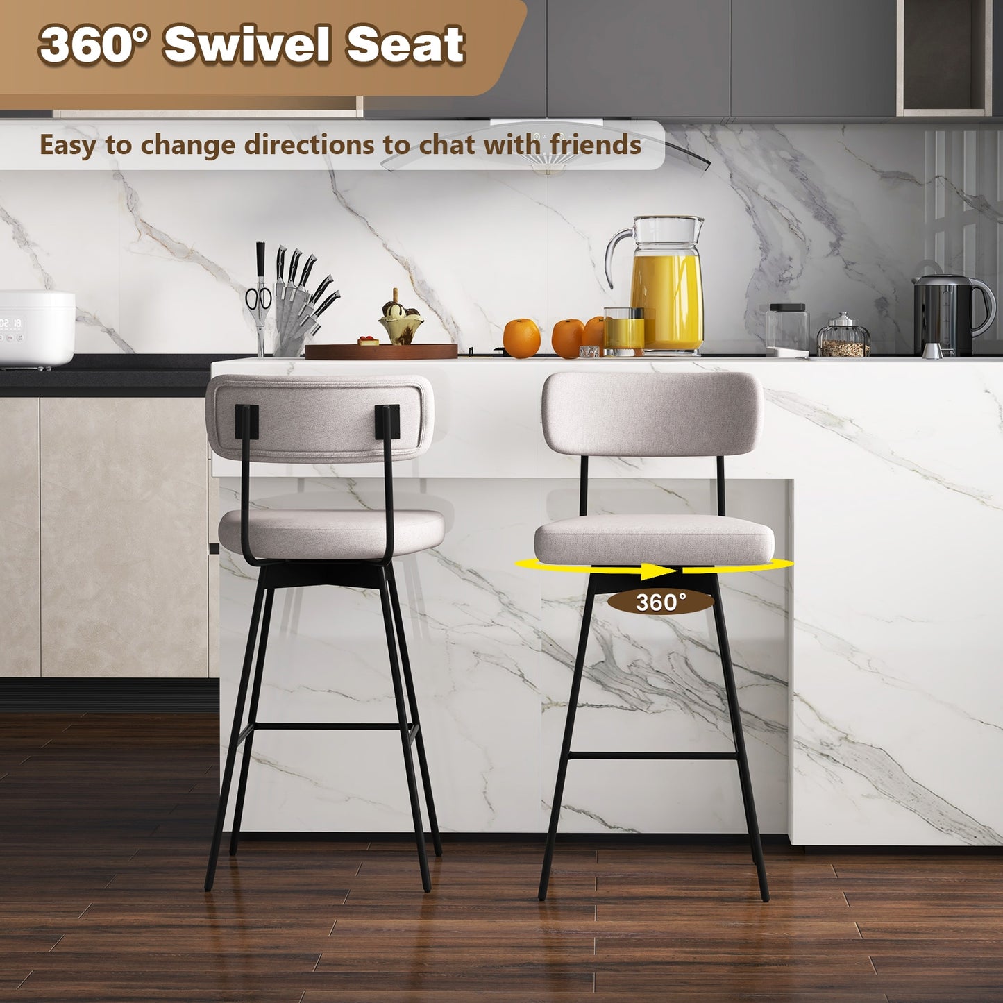Set of 2 29 Inch Upholstered Swivel Bar Stools with Comfortable Backrest - Beige