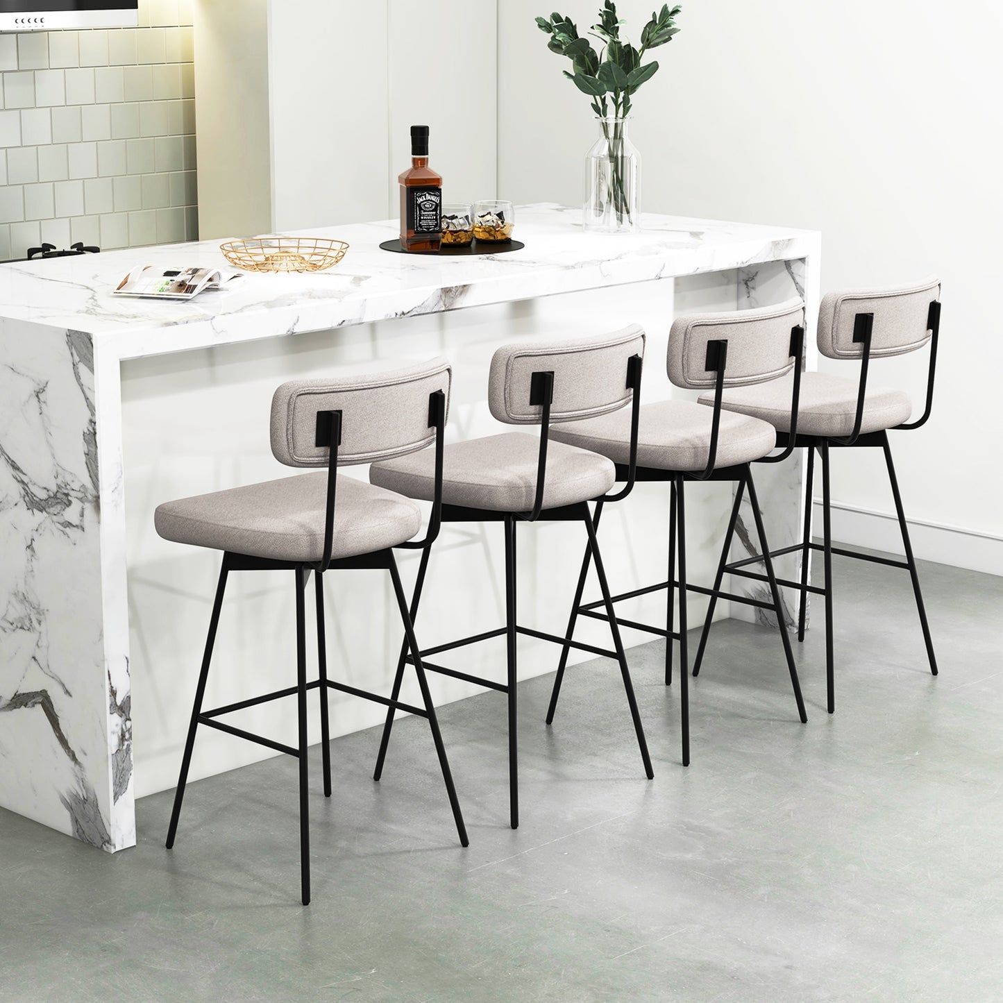 Set of 2 29 Inch Upholstered Swivel Bar Stools with Comfortable Backrest - Beige