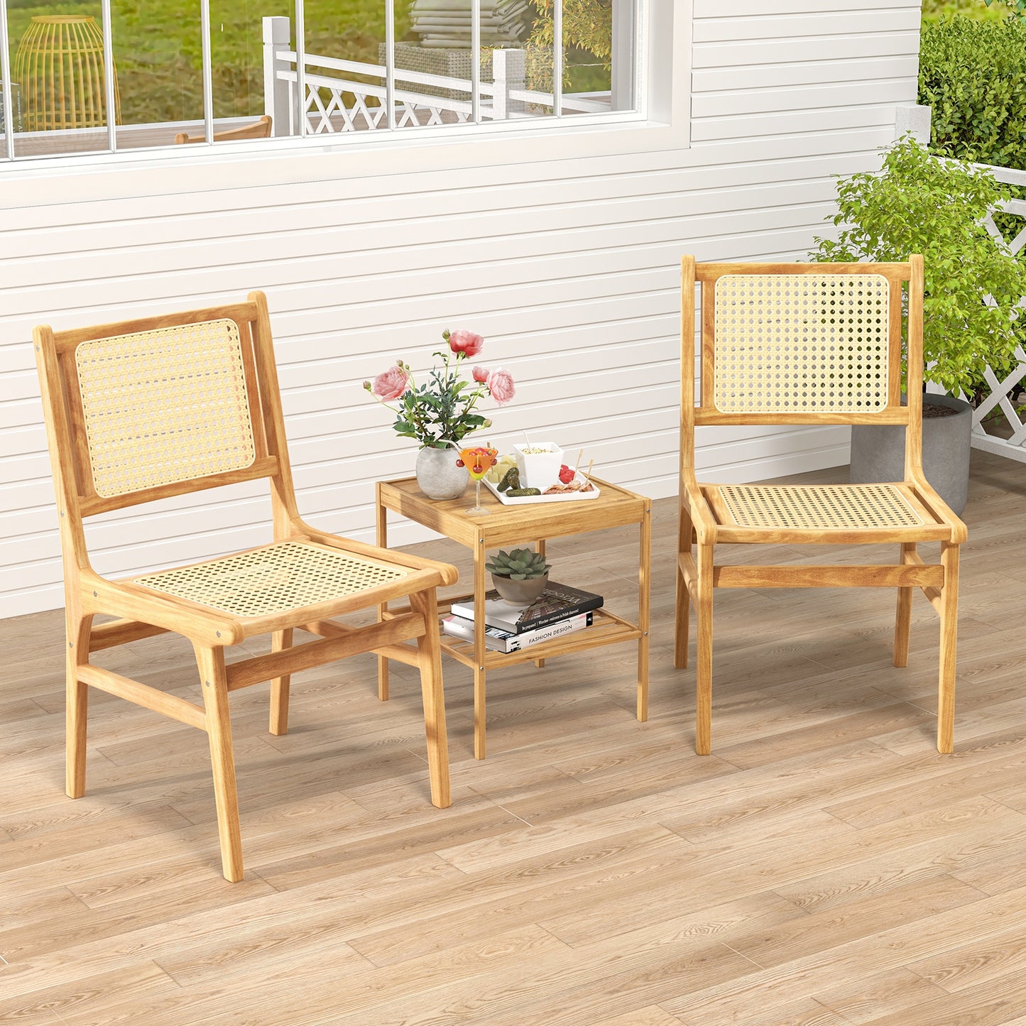 Teak Wood Rattan Dining Chair with Natural Cane Backrest