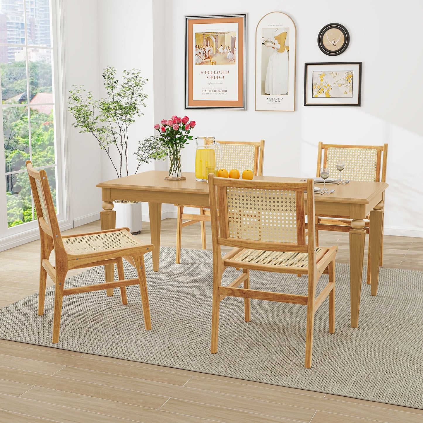 Teak Wood Rattan Dining Chair with Natural Cane Backrest