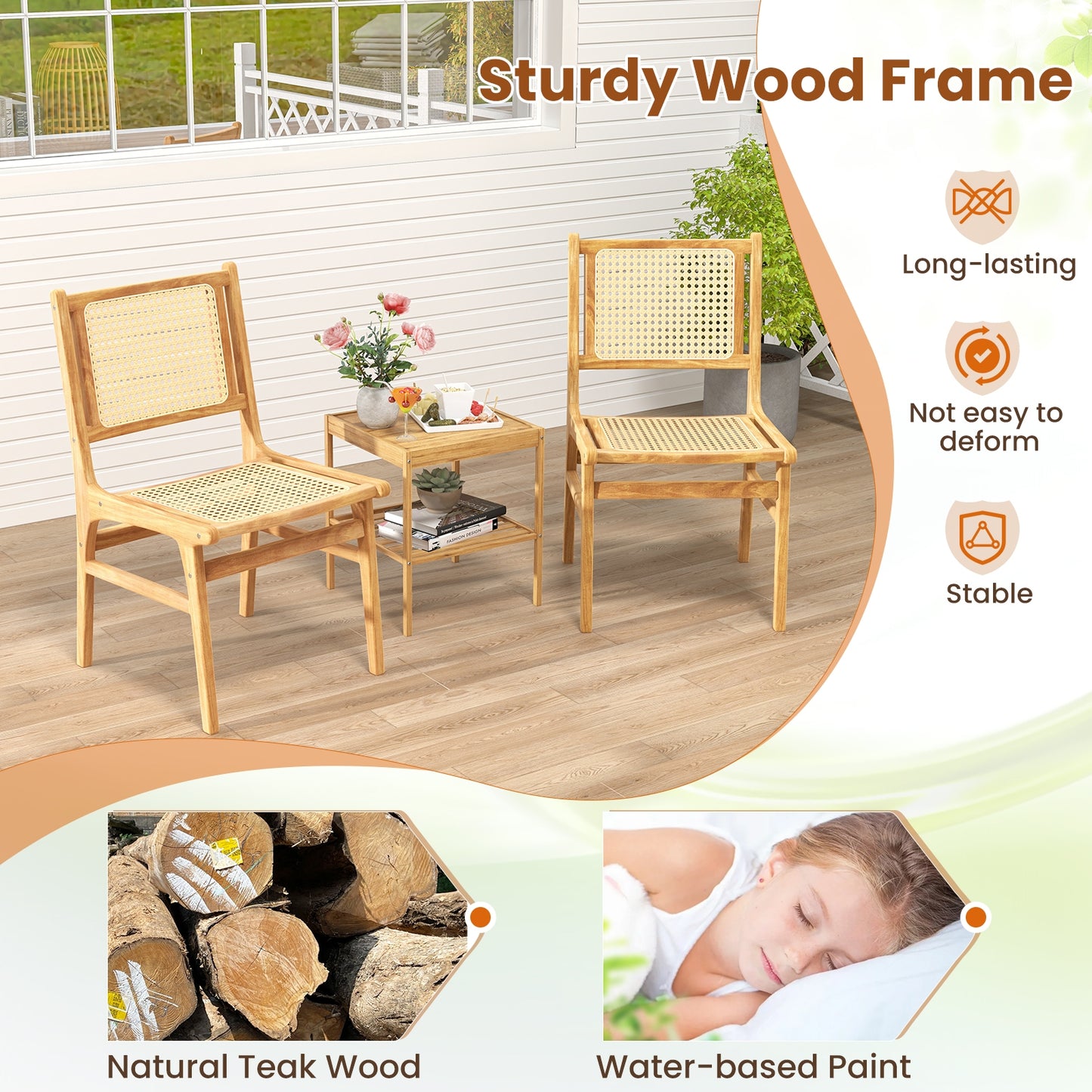 Teak Wood Rattan Dining Chair with Natural Cane Backrest