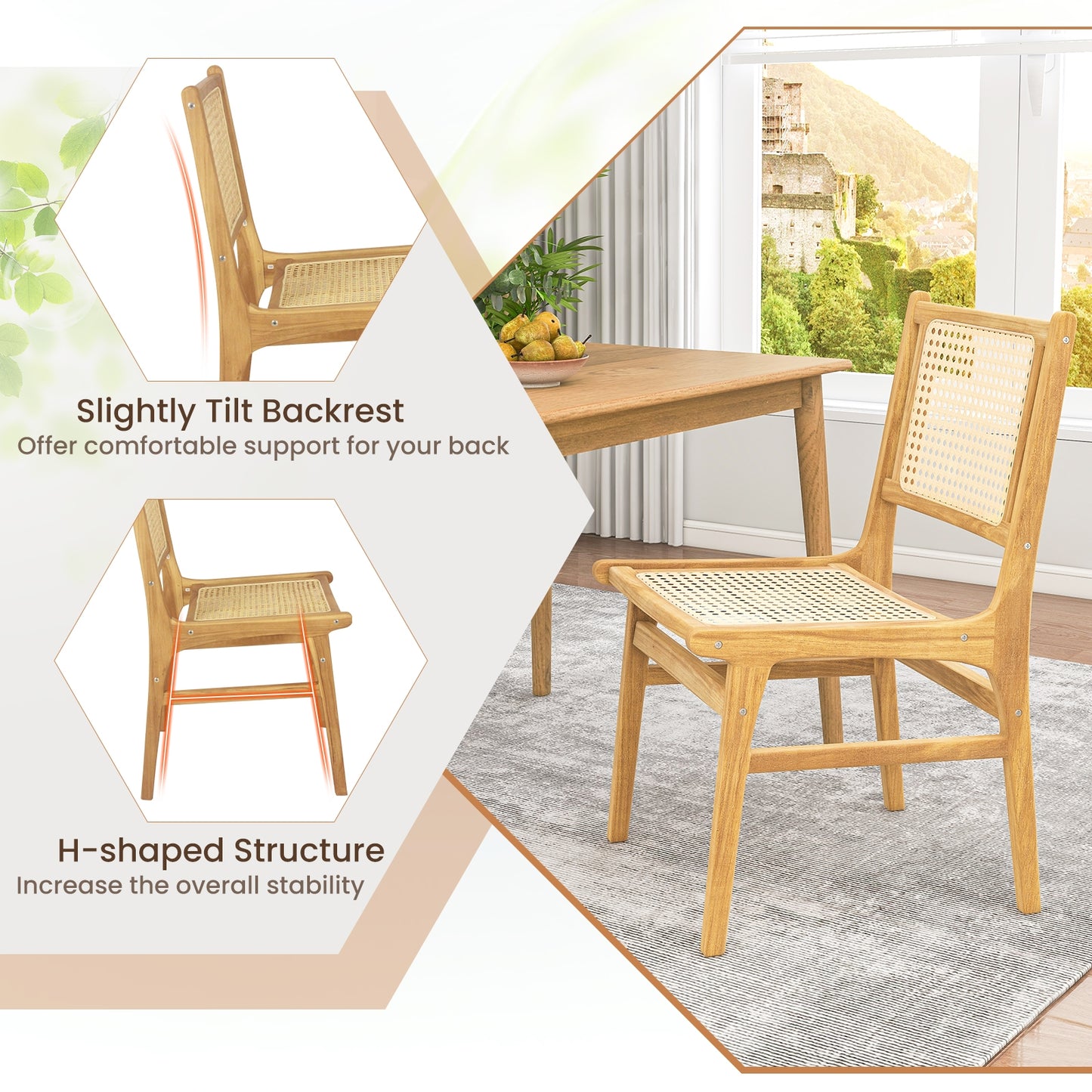 Teak Wood Rattan Dining Chair with Natural Cane Backrest
