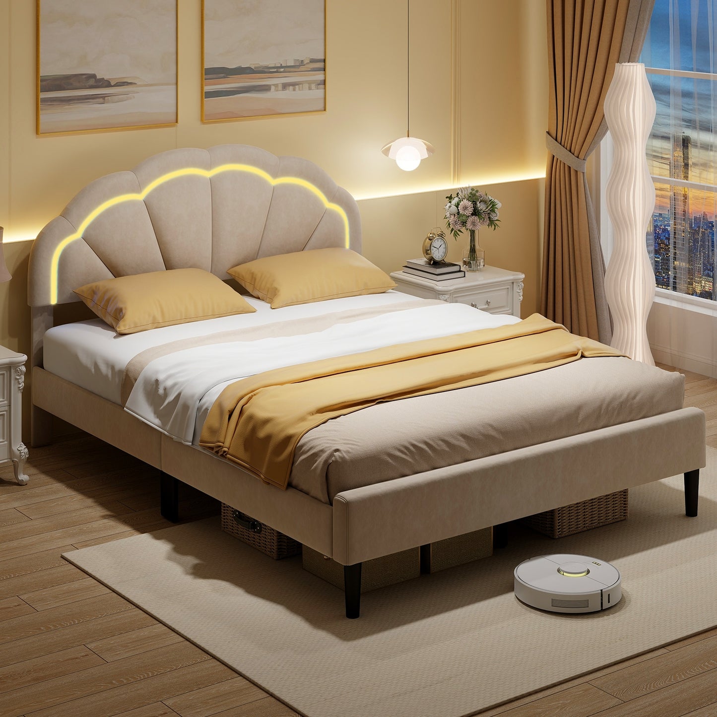Velvet Upholstered Bed in Beige with RGB LED Lighting, Petal-Inspired Headboard and Sturdy Frame – Queen
