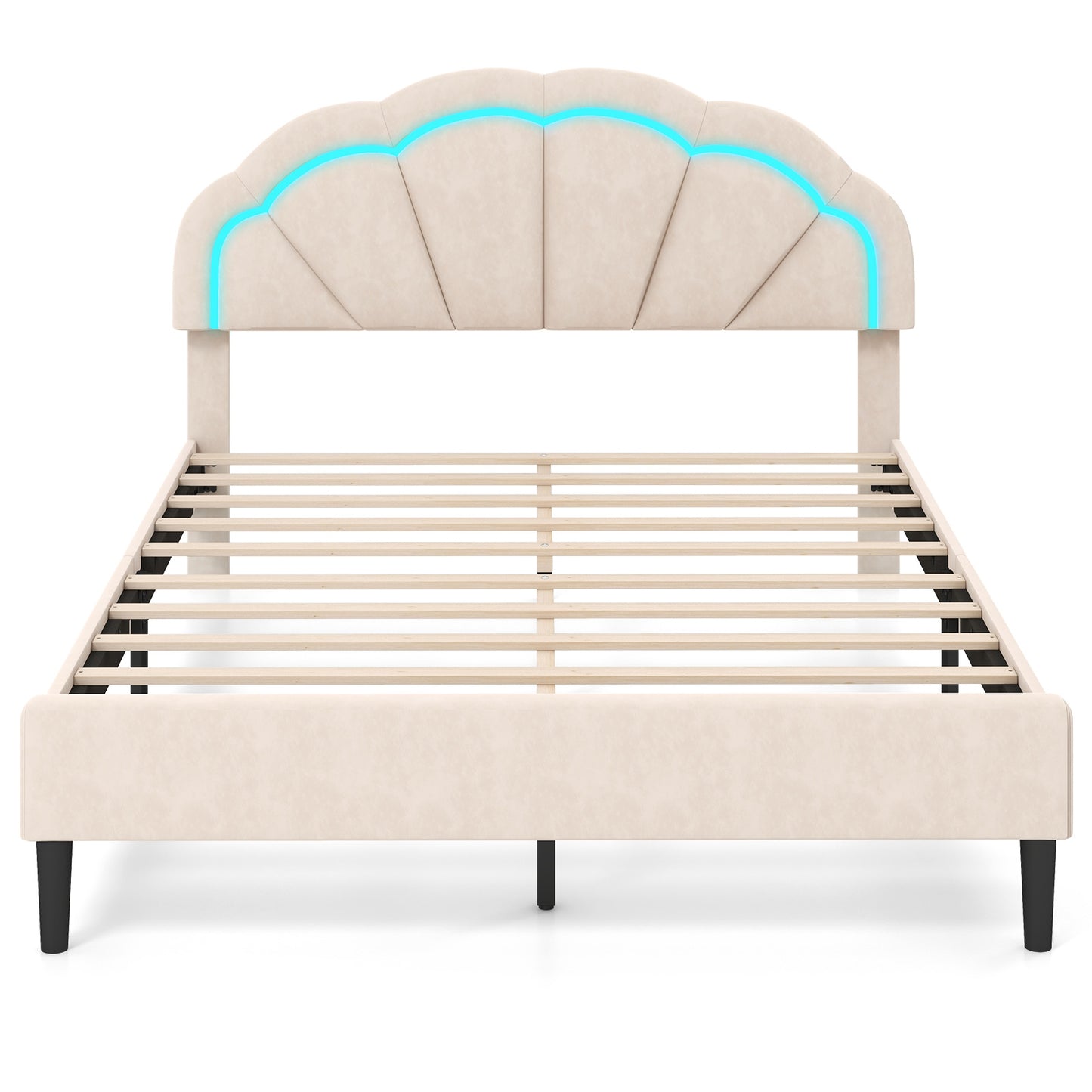 Velvet Upholstered Bed in Beige with RGB LED Lighting, Petal-Inspired Headboard and Sturdy Frame – Queen