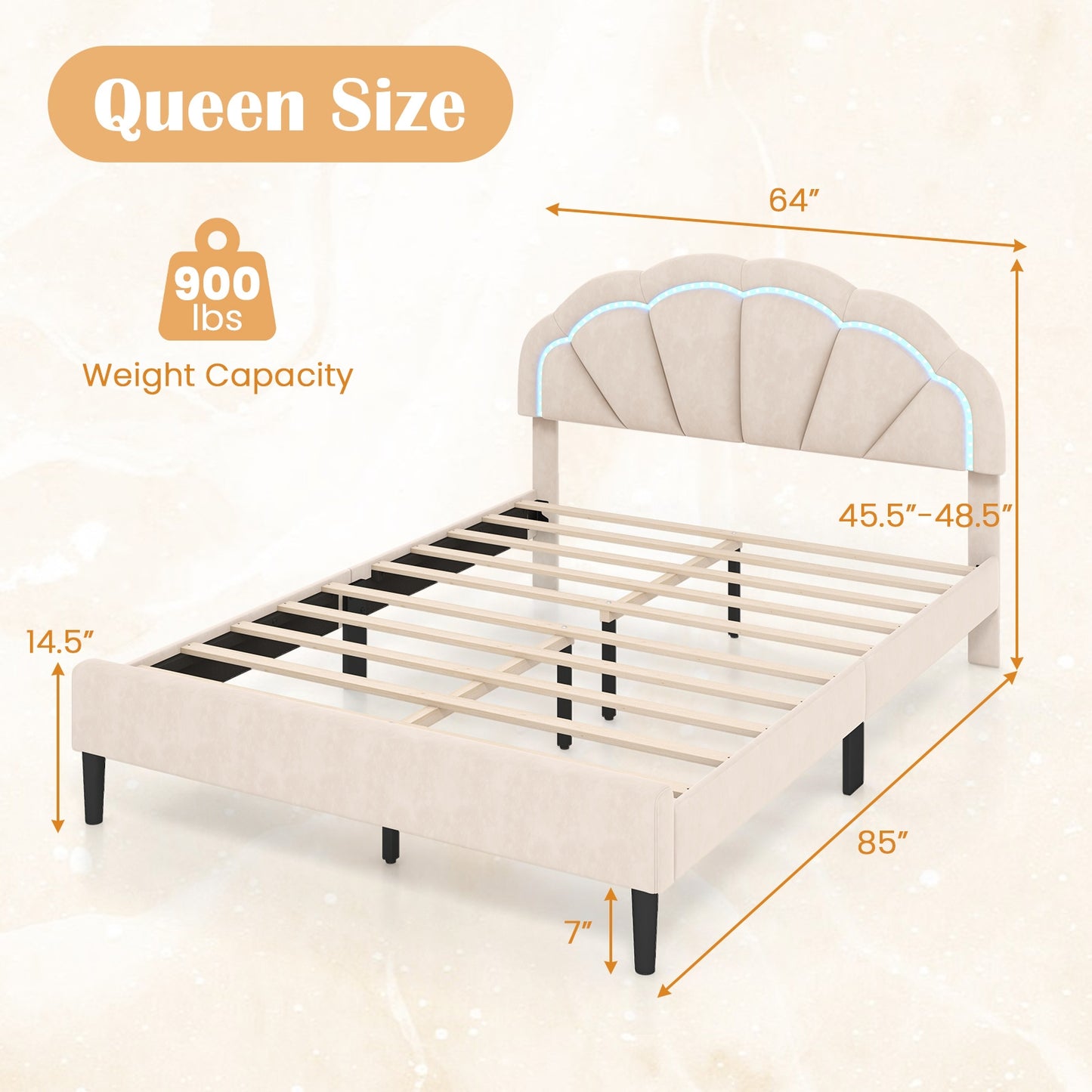 Velvet Upholstered Bed in Beige with RGB LED Lighting, Petal-Inspired Headboard and Sturdy Frame – Queen