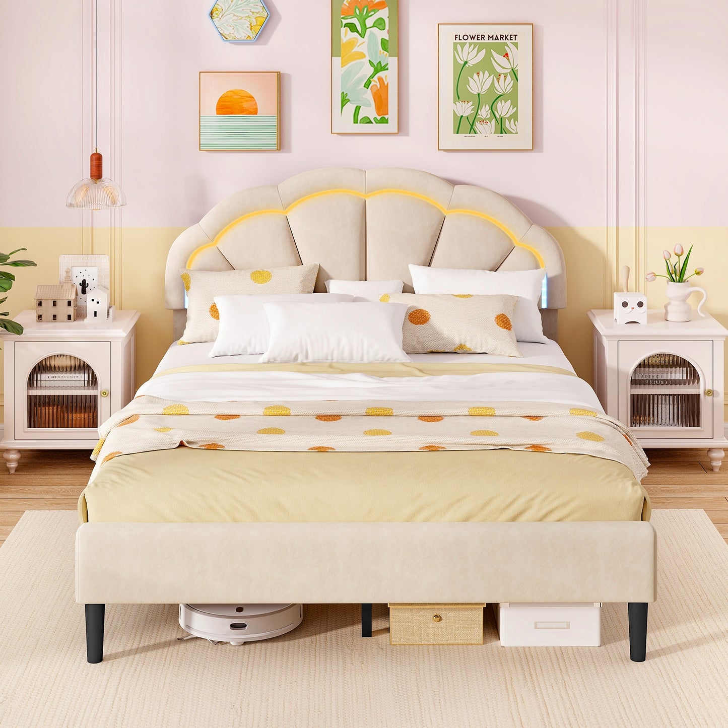 Velvet Upholstered Bed in Beige with RGB LED Lighting, Petal-Inspired Headboard and Sturdy Frame – Queen