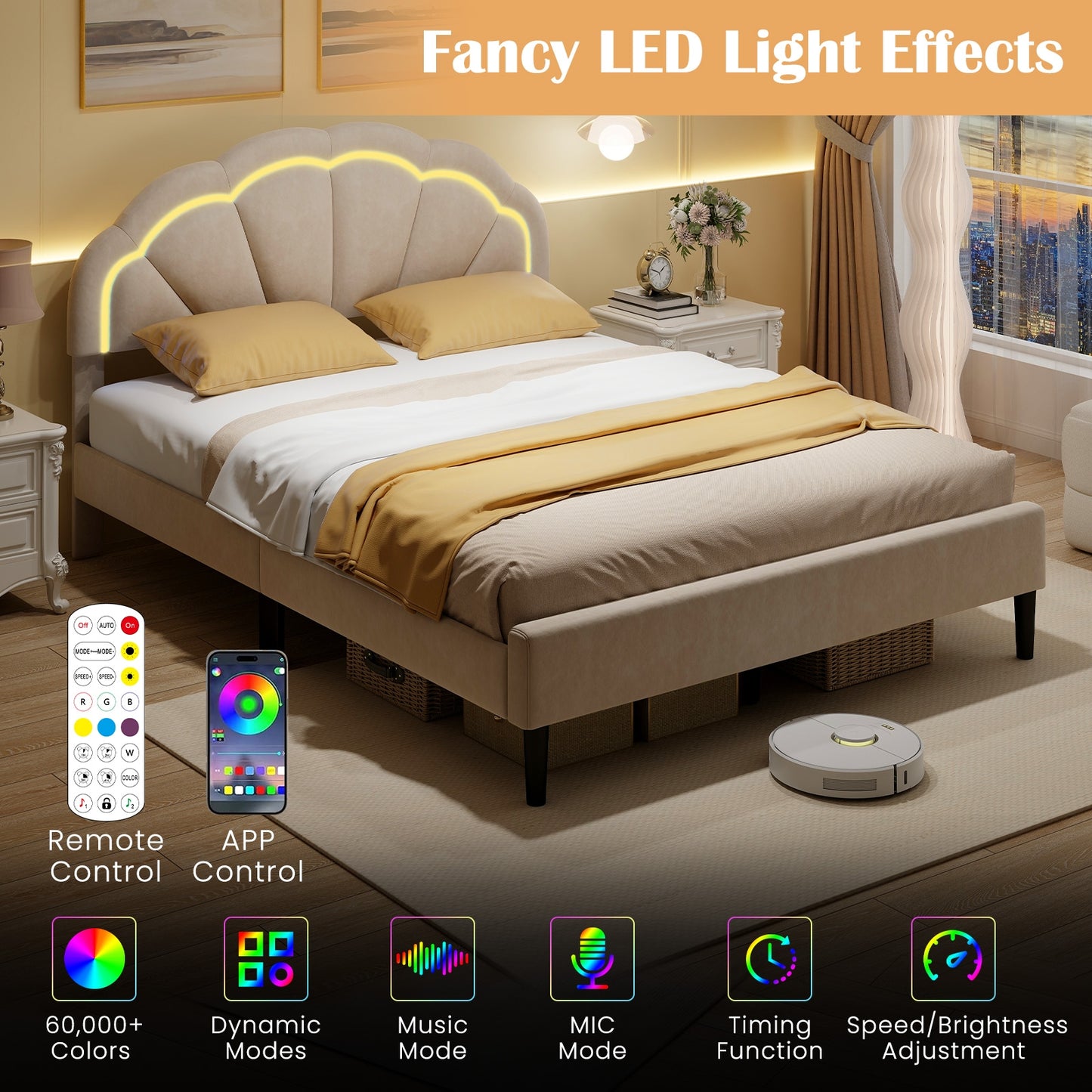 Velvet Upholstered Bed in Beige with RGB LED Lighting, Petal-Inspired Headboard and Sturdy Frame – Queen