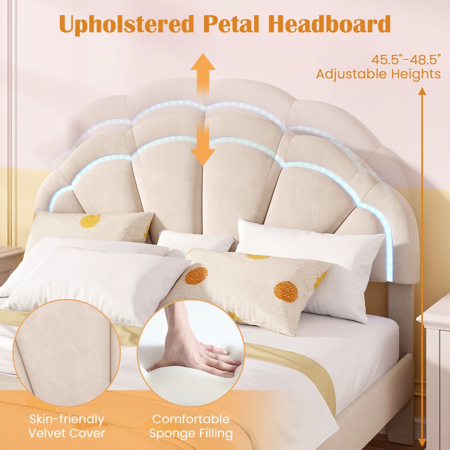Velvet Upholstered Bed in Beige with RGB LED Lighting, Petal-Inspired Headboard and Sturdy Frame – Queen
