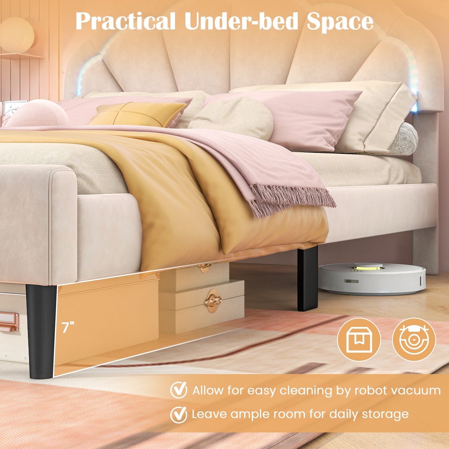 Velvet Upholstered Bed in Beige with RGB LED Lighting, Petal-Inspired Headboard and Sturdy Frame – Queen
