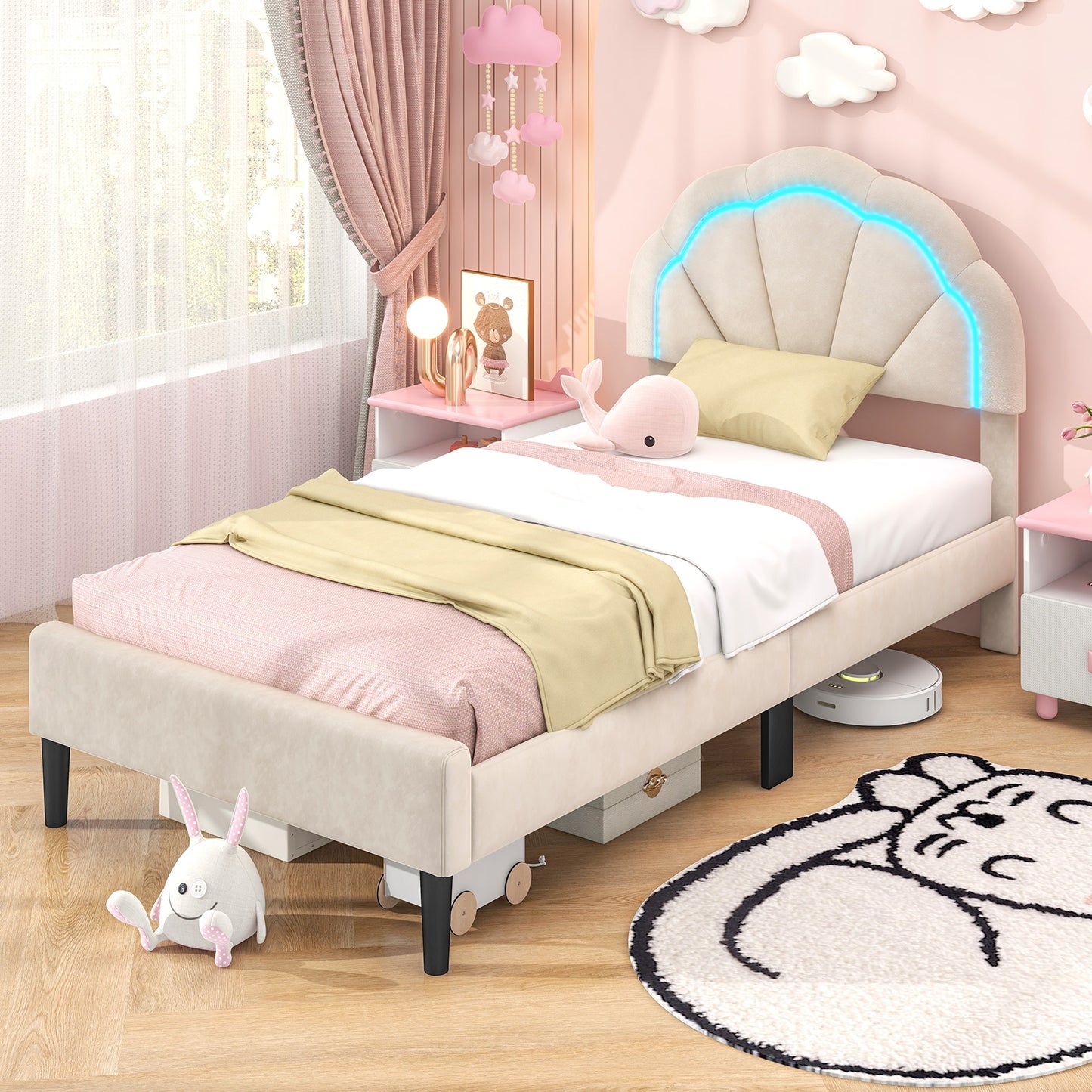 Velvet Upholstered Bed in Beige with RGB LED Lighting, Petal-Inspired Headboard and Sturdy Frame – Twin