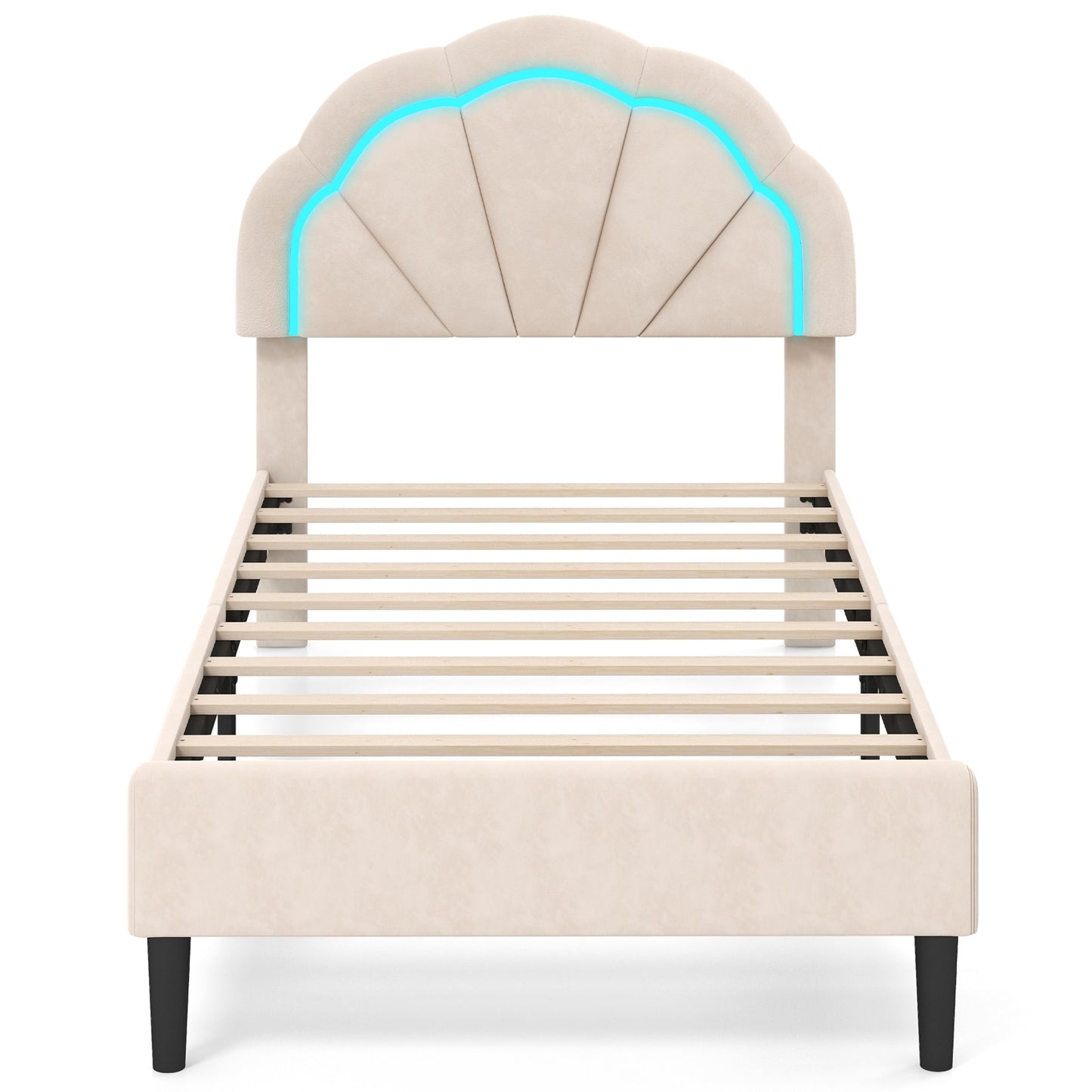 Velvet Upholstered Bed in Beige with RGB LED Lighting, Petal-Inspired Headboard and Sturdy Frame – Twin