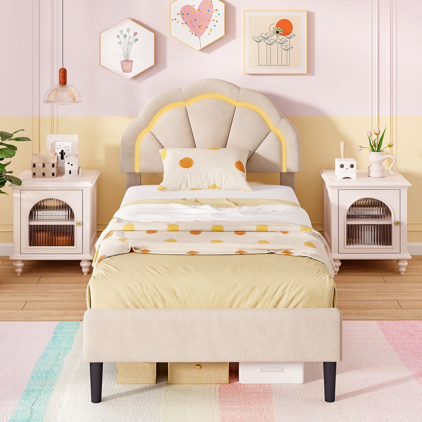Velvet Upholstered Bed in Beige with RGB LED Lighting, Petal-Inspired Headboard and Sturdy Frame – Twin
