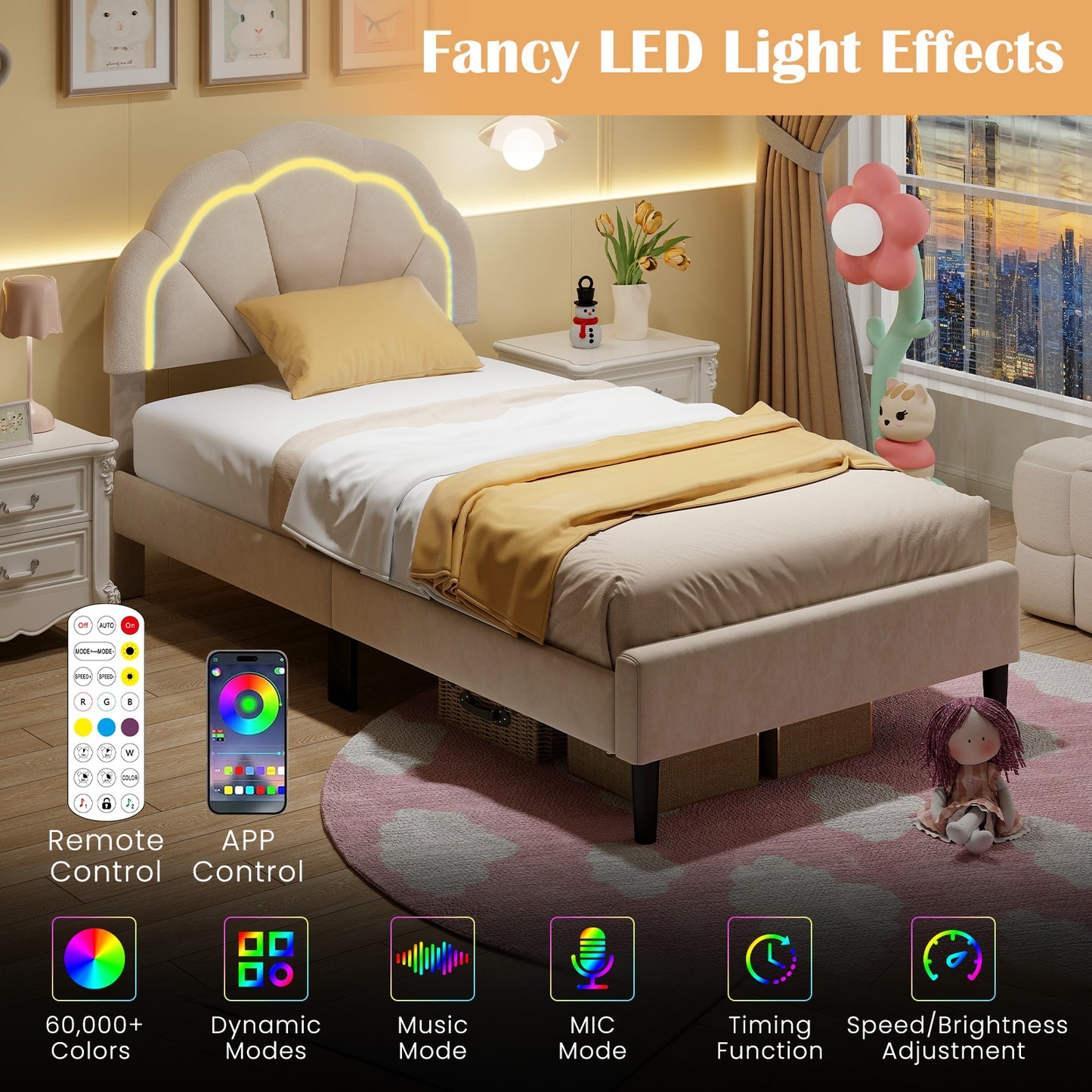 Velvet Upholstered Bed in Beige with RGB LED Lighting, Petal-Inspired Headboard and Sturdy Frame – Twin