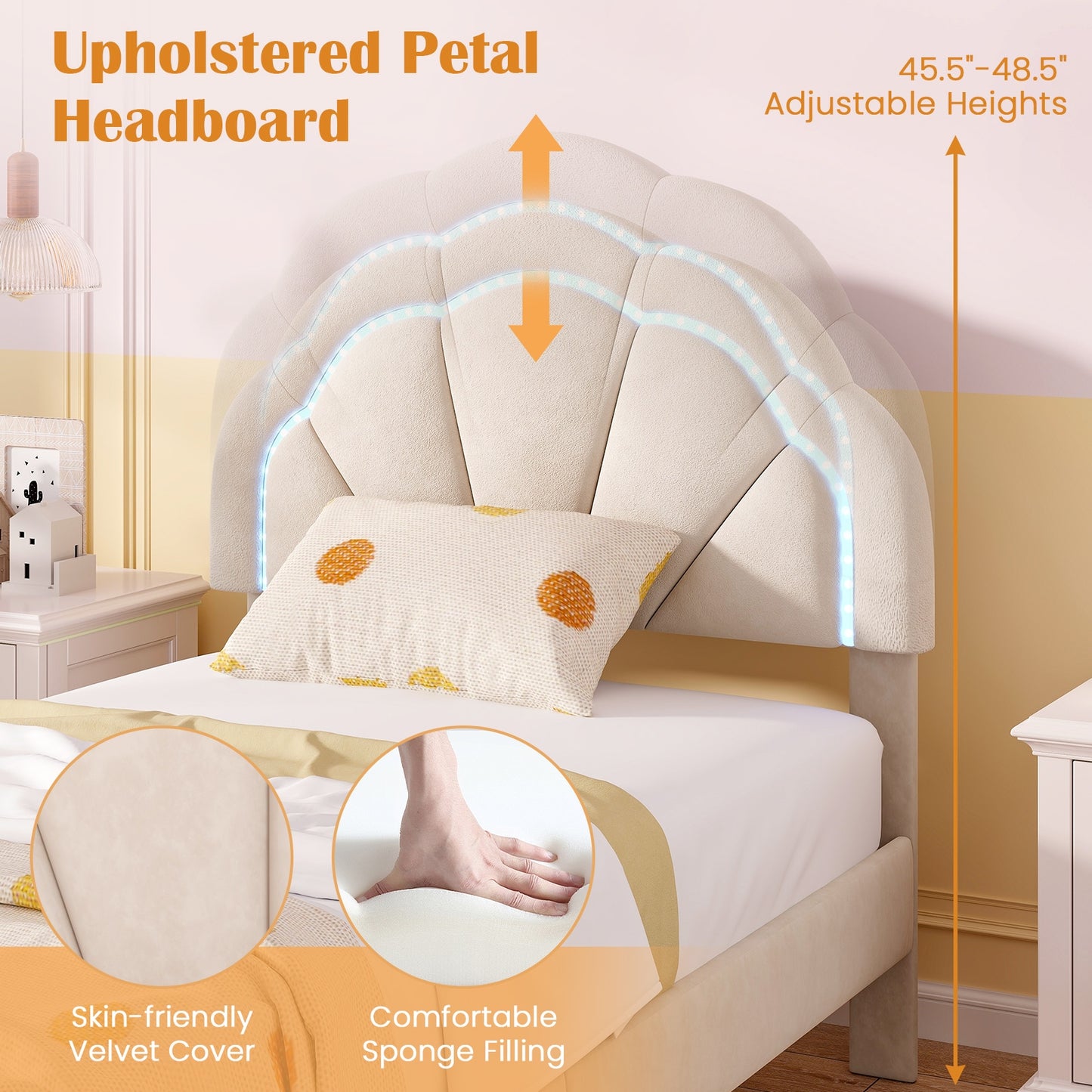Velvet Upholstered Bed in Beige with RGB LED Lighting, Petal-Inspired Headboard and Sturdy Frame – Twin