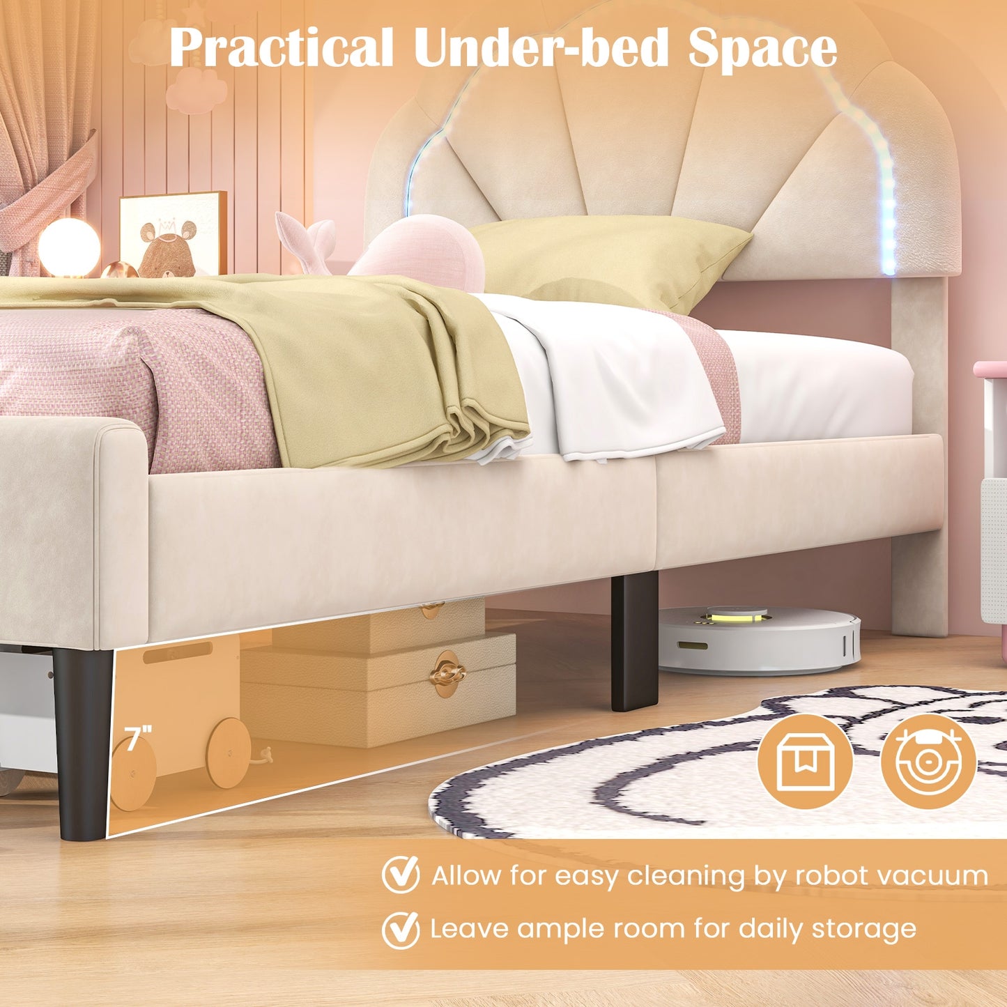 Velvet Upholstered Bed in Beige with RGB LED Lighting, Petal-Inspired Headboard and Sturdy Frame – Twin
