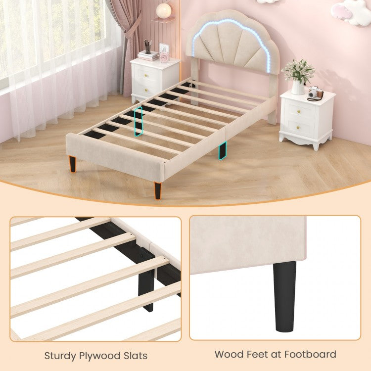 Velvet Upholstered Bed in Beige with RGB LED Lighting, Petal-Inspired Headboard and Sturdy Frame – Twin