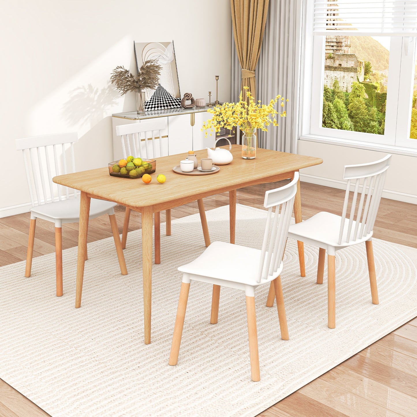 Windsor Dining Chairs with Spindle Backrest and Curved Seat in White, Set of 4