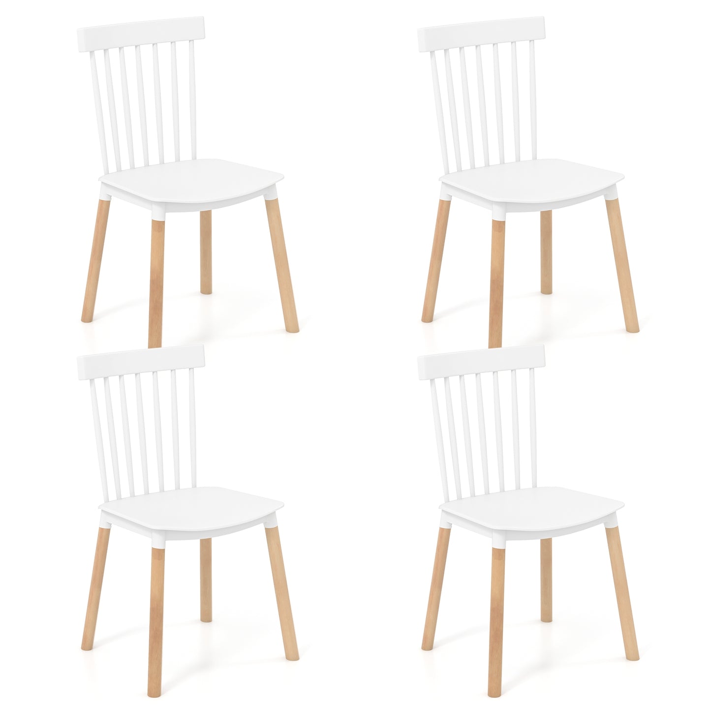 Windsor Dining Chairs with Spindle Backrest and Curved Seat in White, Set of 4
