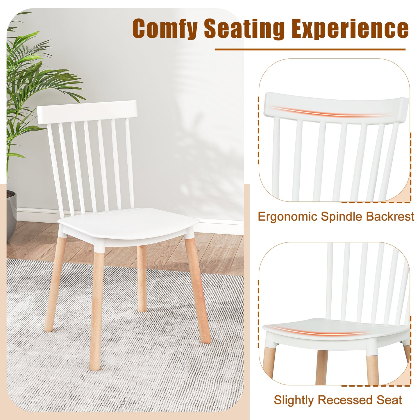 Windsor Dining Chairs with Spindle Backrest and Curved Seat in White, Set of 4