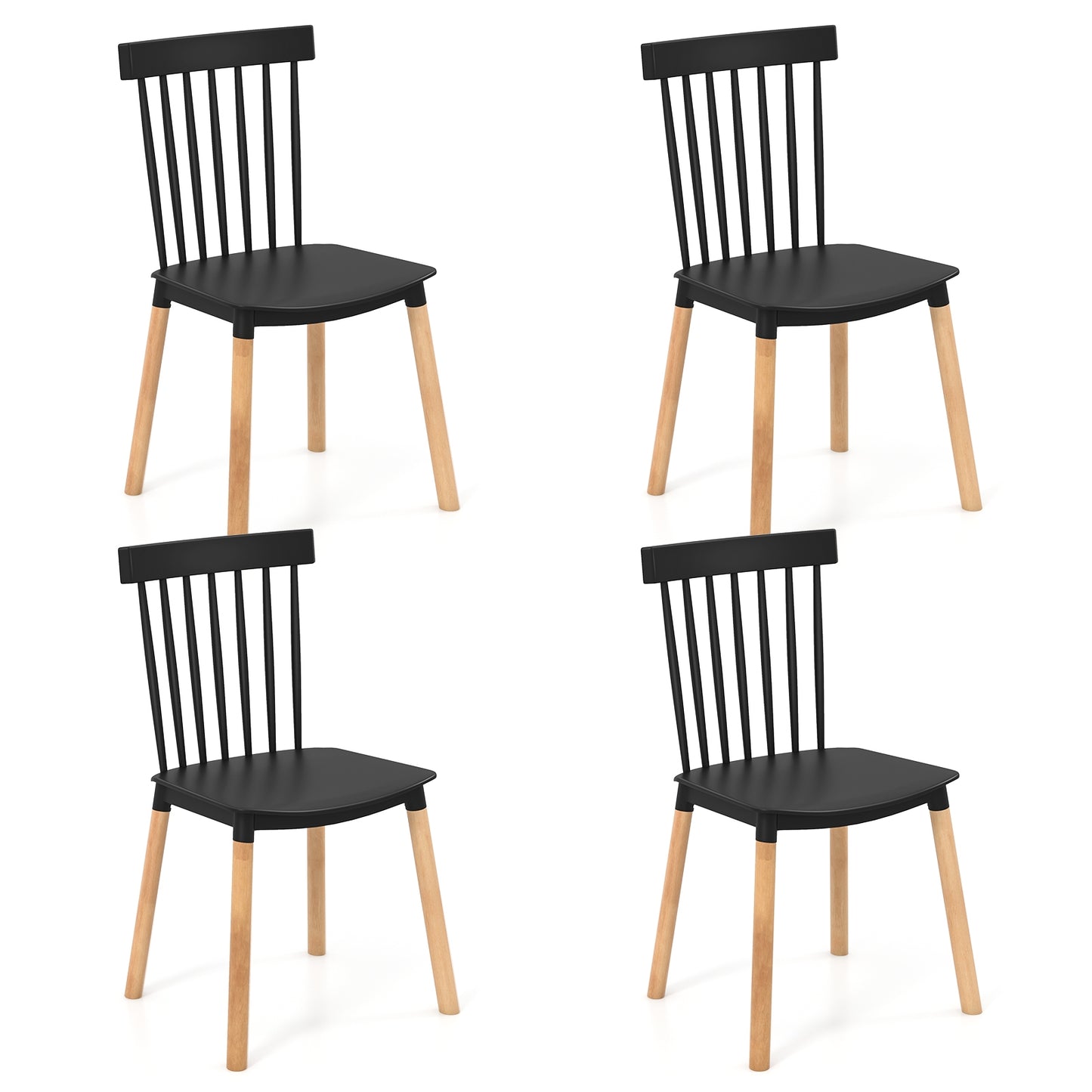 Windsor Dining Chairs with Spindle Backrest and Curved Seat in Black, Set of 4