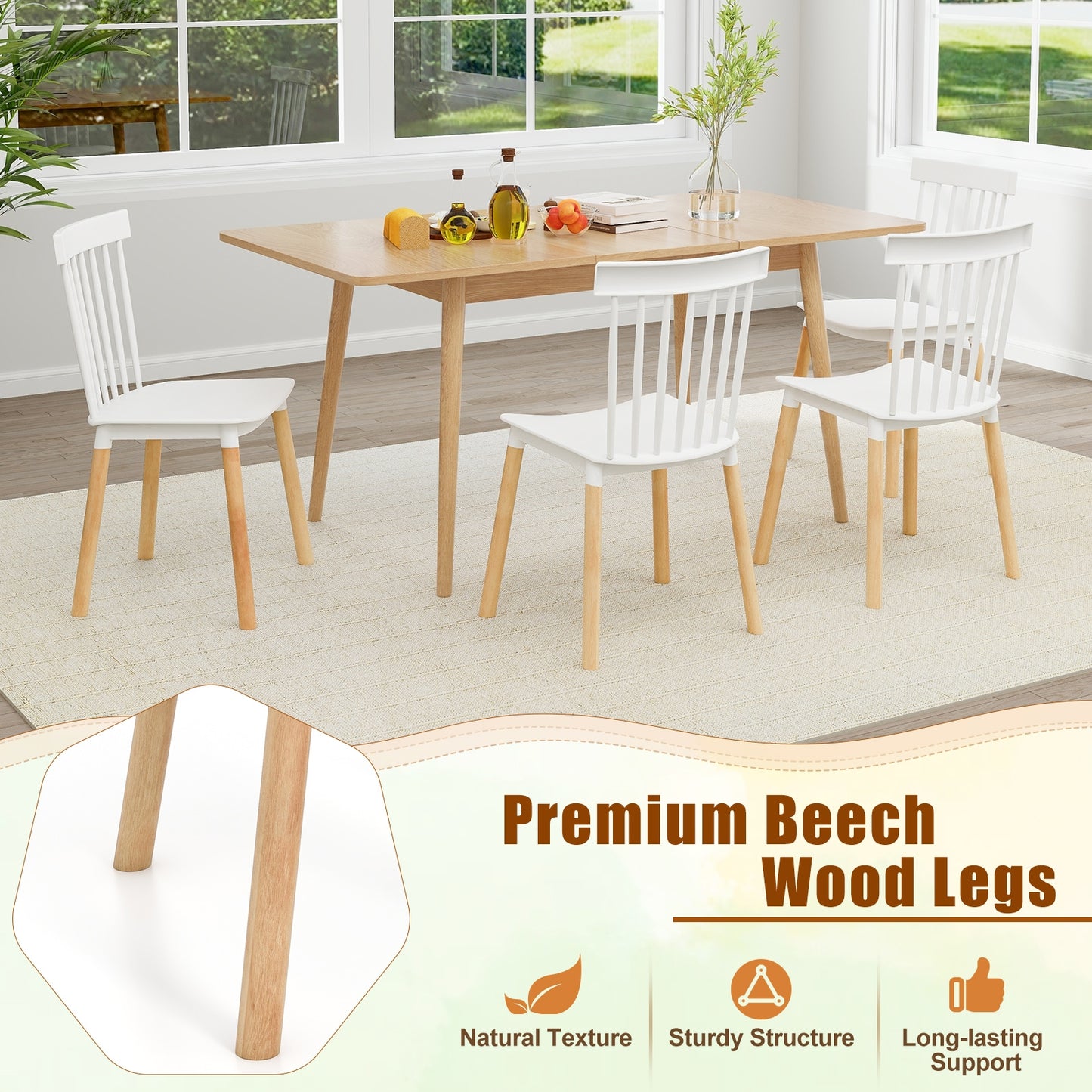 Windsor Dining Chairs with Spindle Backrest and Curved Seat in White, Set of 4
