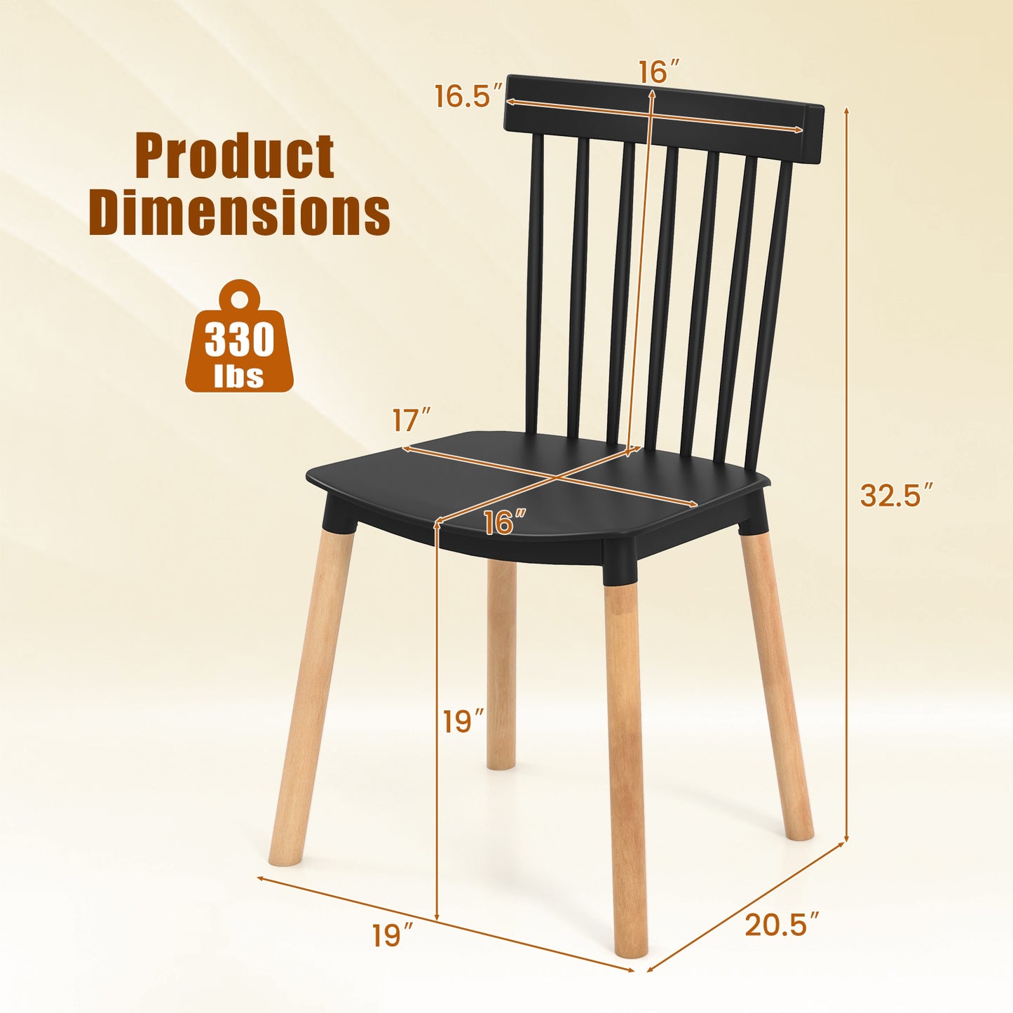 Windsor Dining Chairs with Spindle Backrest and Curved Seat in Black, Set of 4