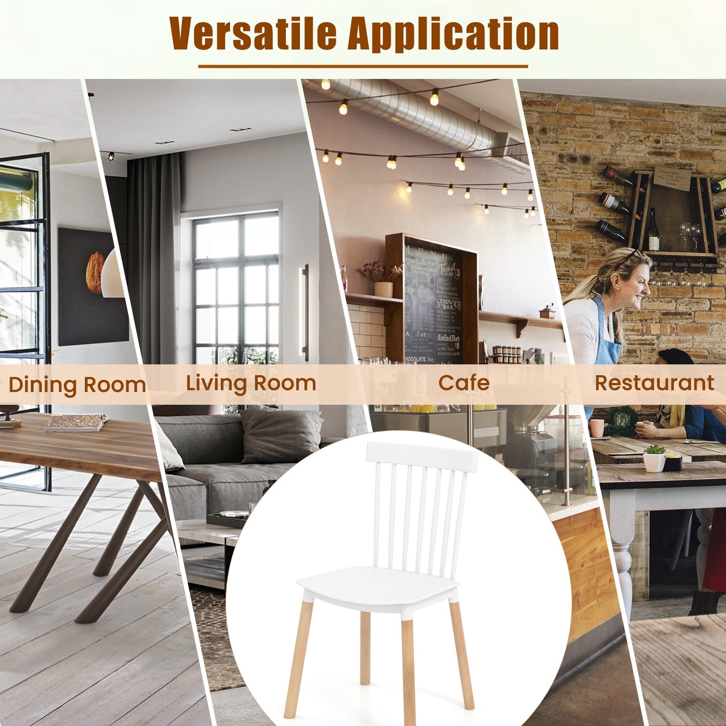 Windsor Dining Chairs with Spindle Backrest and Curved Seat in White, Set of 4