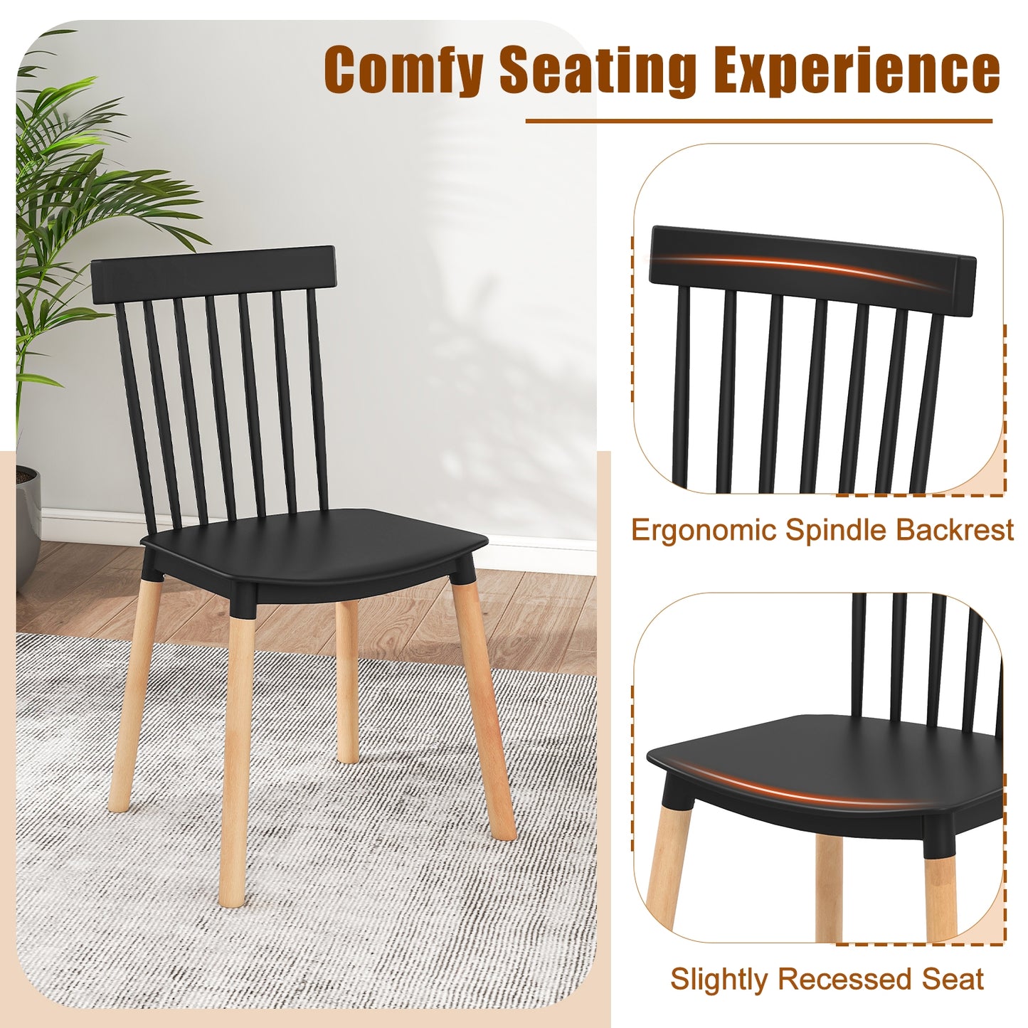 Windsor Dining Chairs with Spindle Backrest and Curved Seat in Black, Set of 4