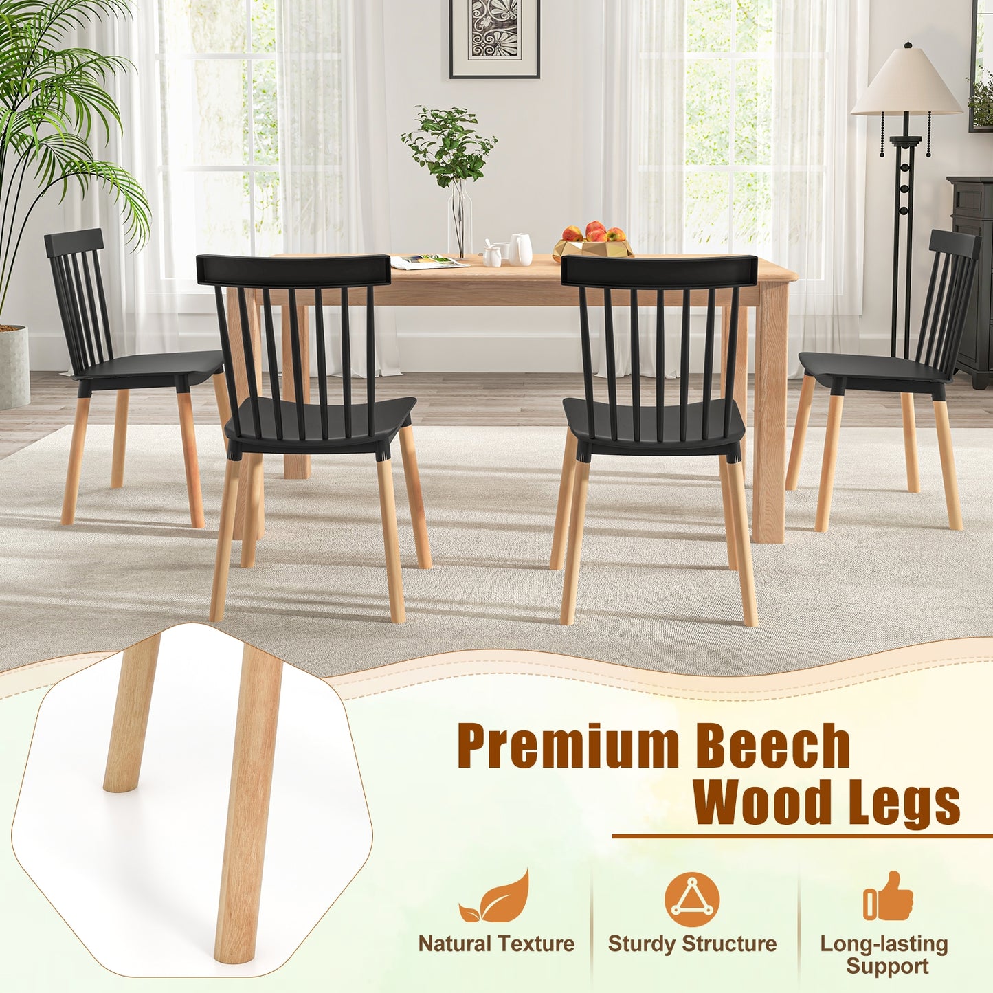 Windsor Dining Chairs with Spindle Backrest and Curved Seat in Black, Set of 4
