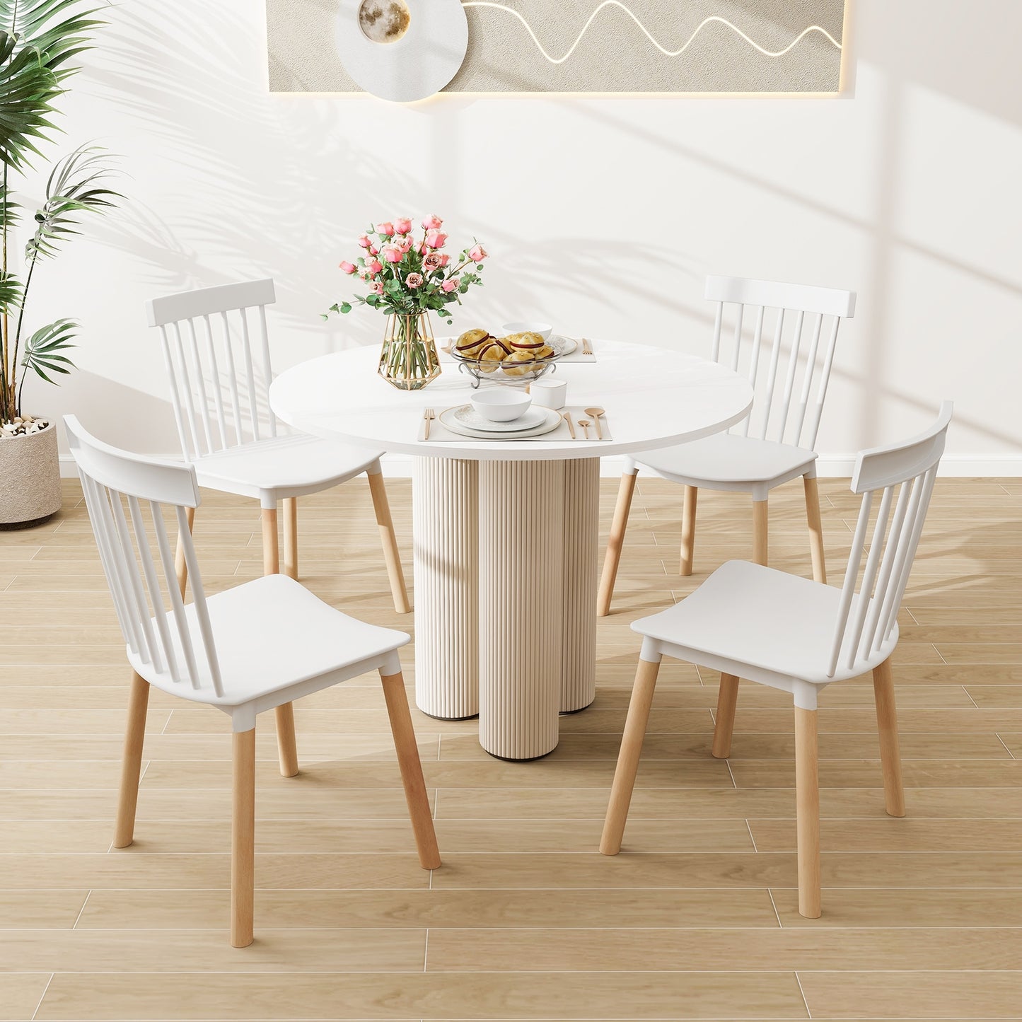 Windsor Dining Chairs with Spindle Backrest and Curved Seat in White, Set of 4