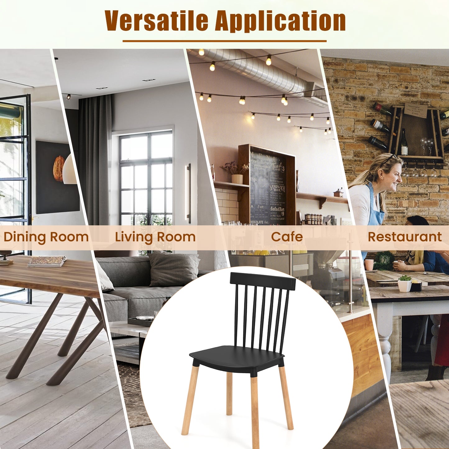 Windsor Dining Chairs with Spindle Backrest and Curved Seat in Black, Set of 4