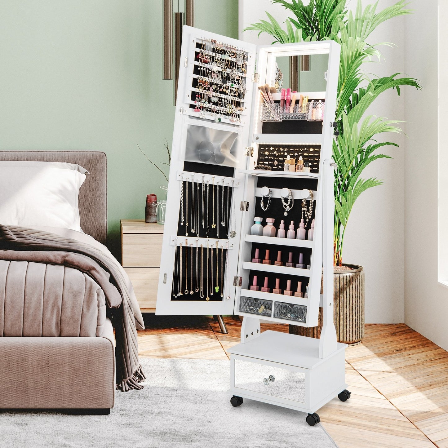 47 Inch Lockable Jewelry Armoire with 3-Color LED Lights & Full-Length Mirror - White