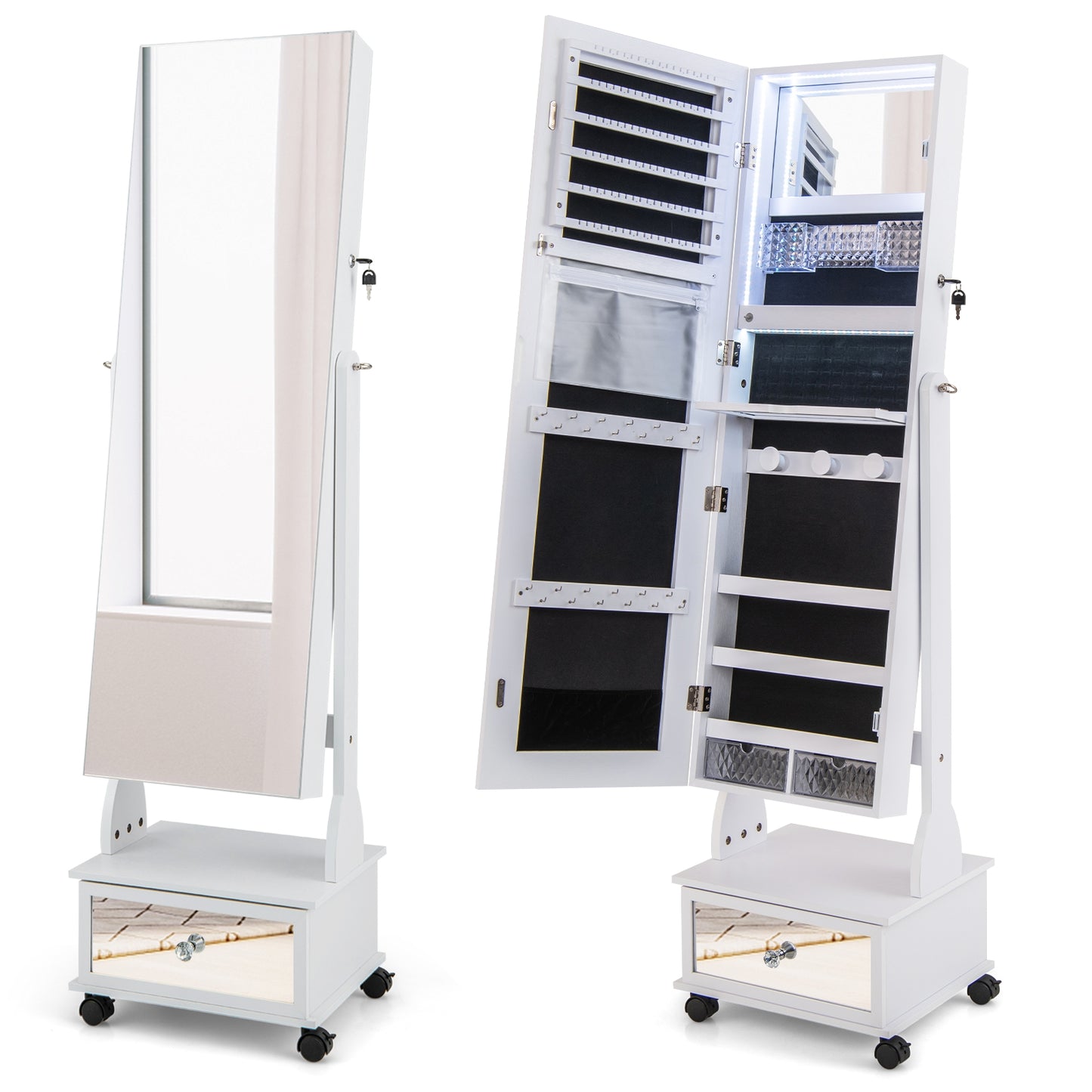 47 Inch Lockable Jewelry Armoire with 3-Color LED Lights & Full-Length Mirror - White