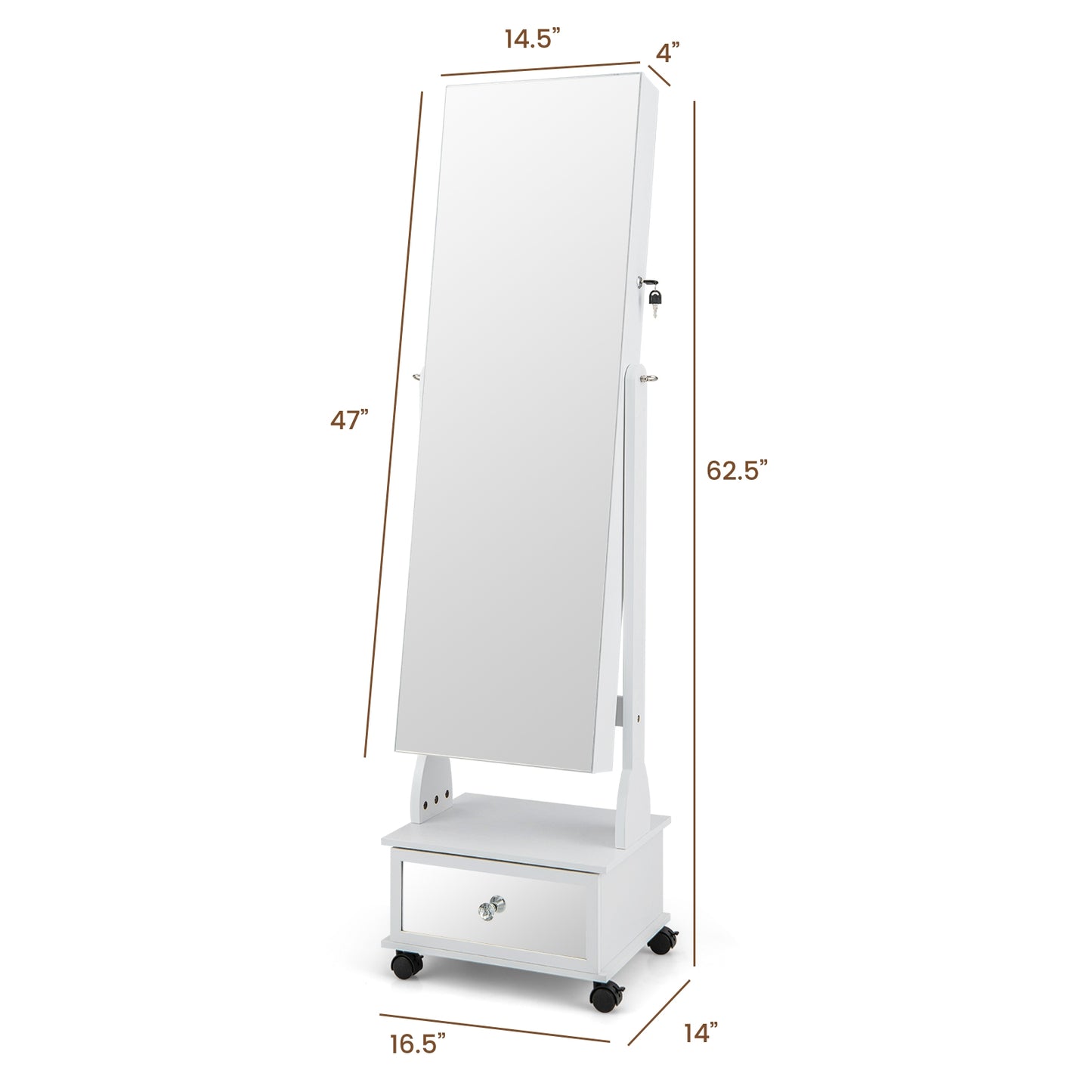 47 Inch Lockable Jewelry Armoire with 3-Color LED Lights & Full-Length Mirror - White