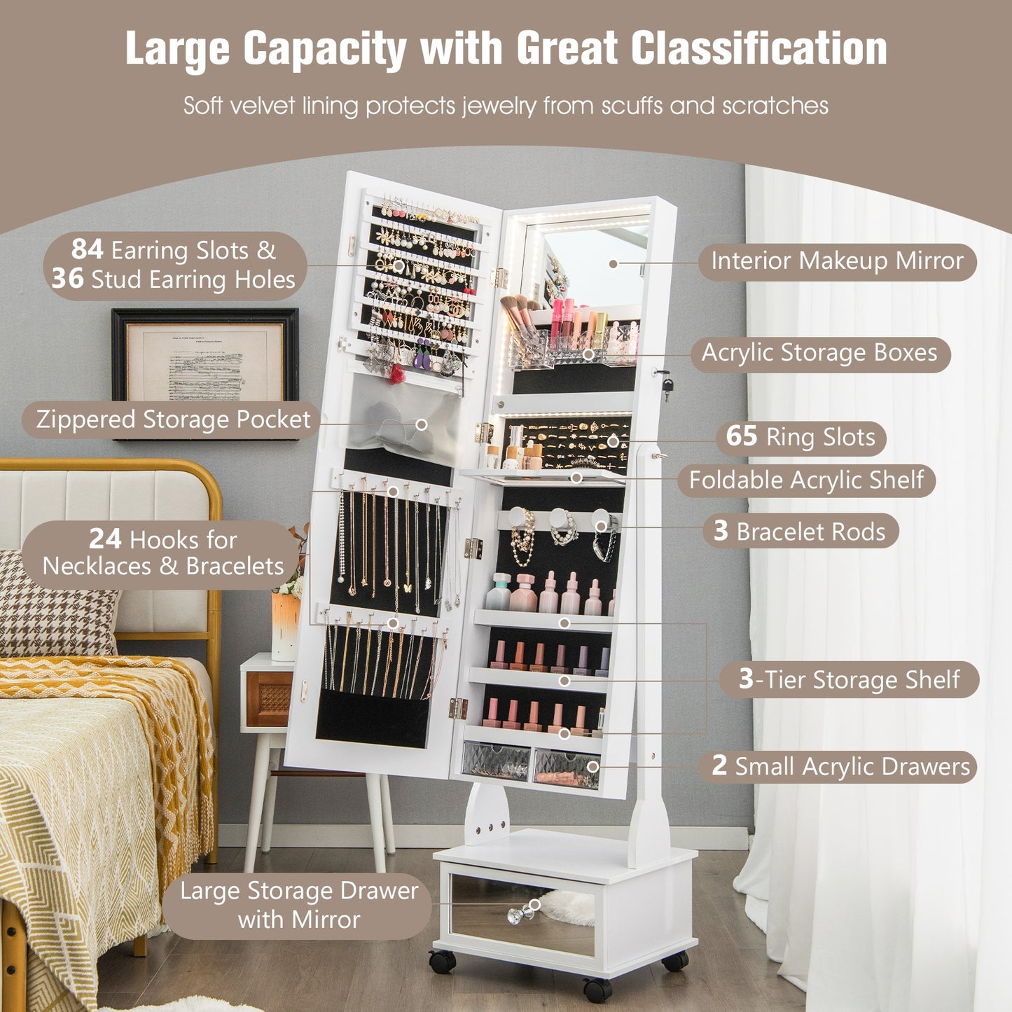 47 Inch Lockable Jewelry Armoire with 3-Color LED Lights & Full-Length Mirror - White