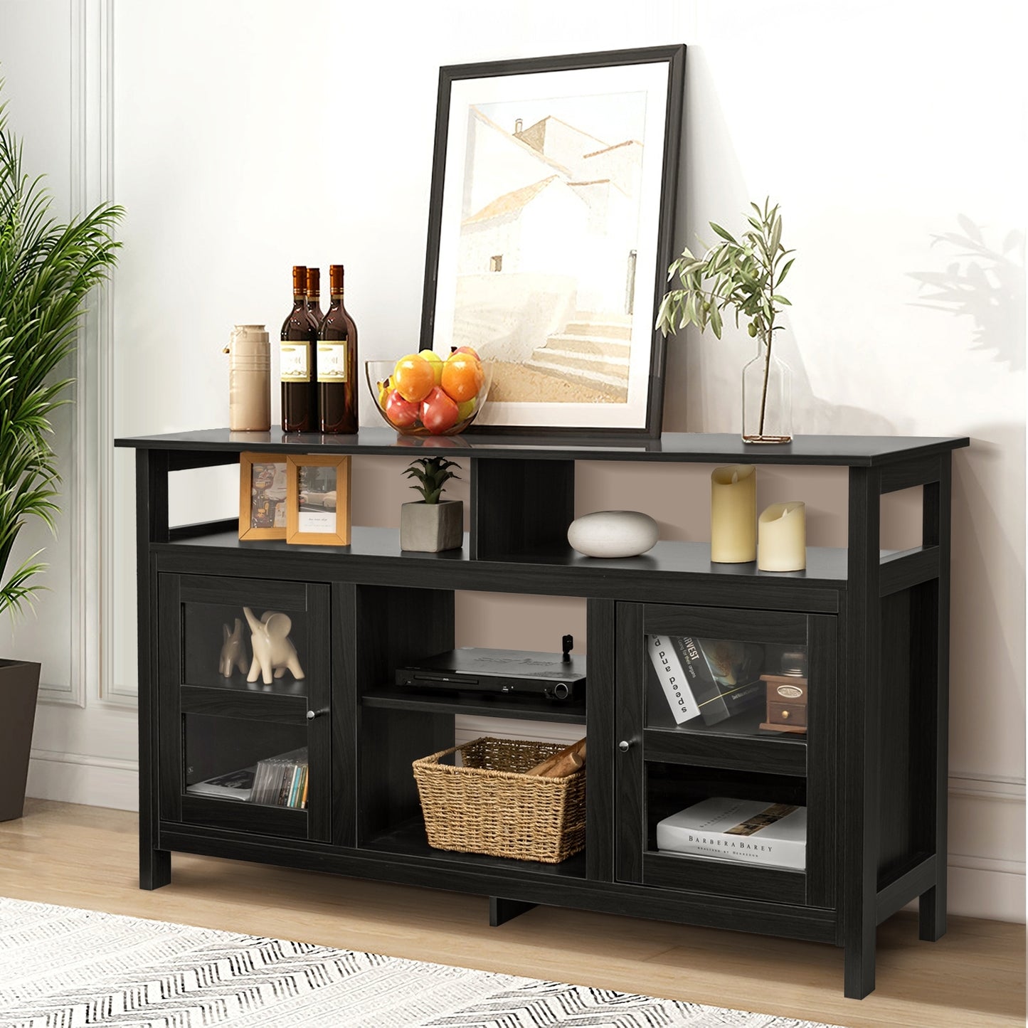 58 Inch TV Stand with Cabinets and Open Shelves for TVs up to 65 Inches, Black Wood Finish