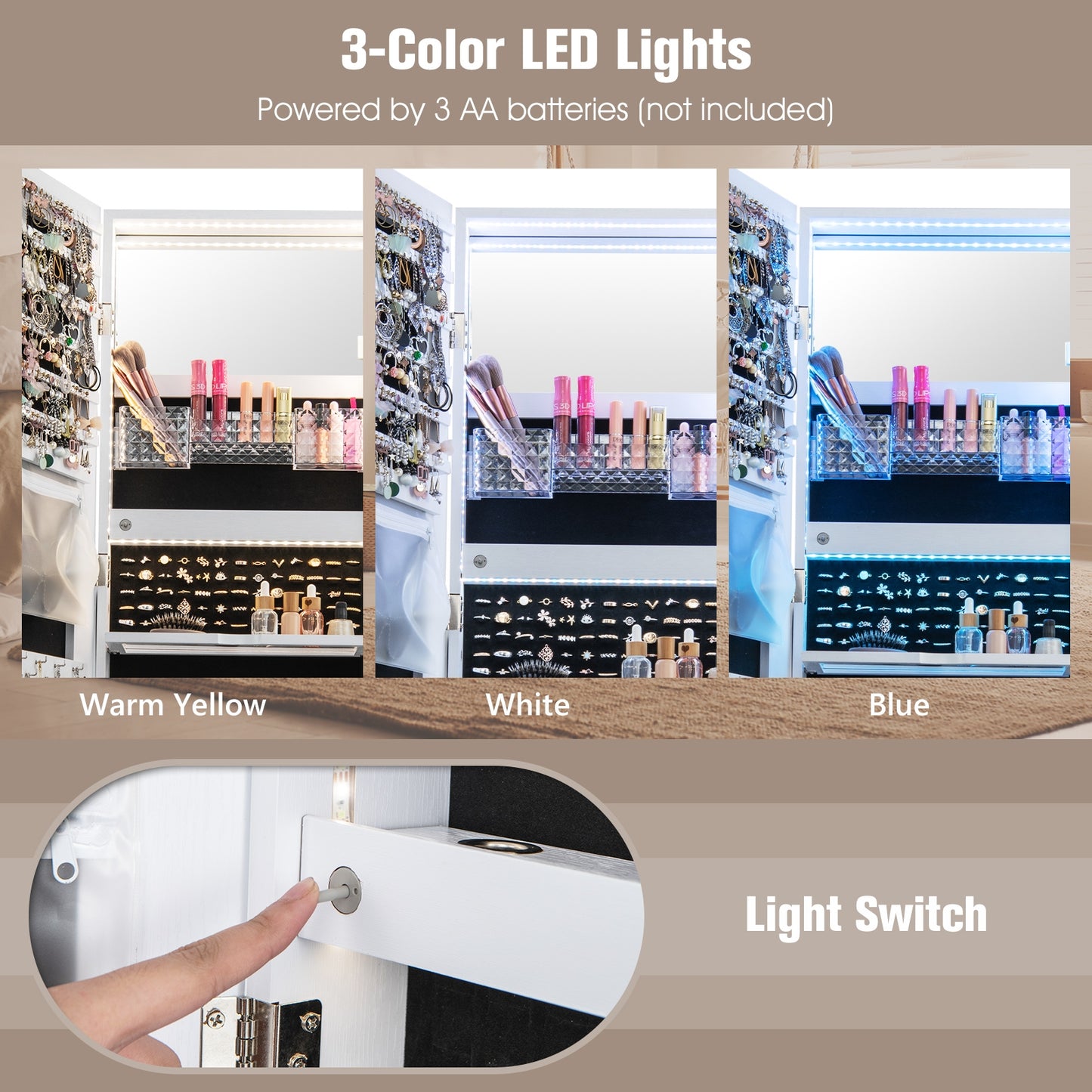 47 Inch Lockable Jewelry Armoire with 3-Color LED Lights & Full-Length Mirror - White